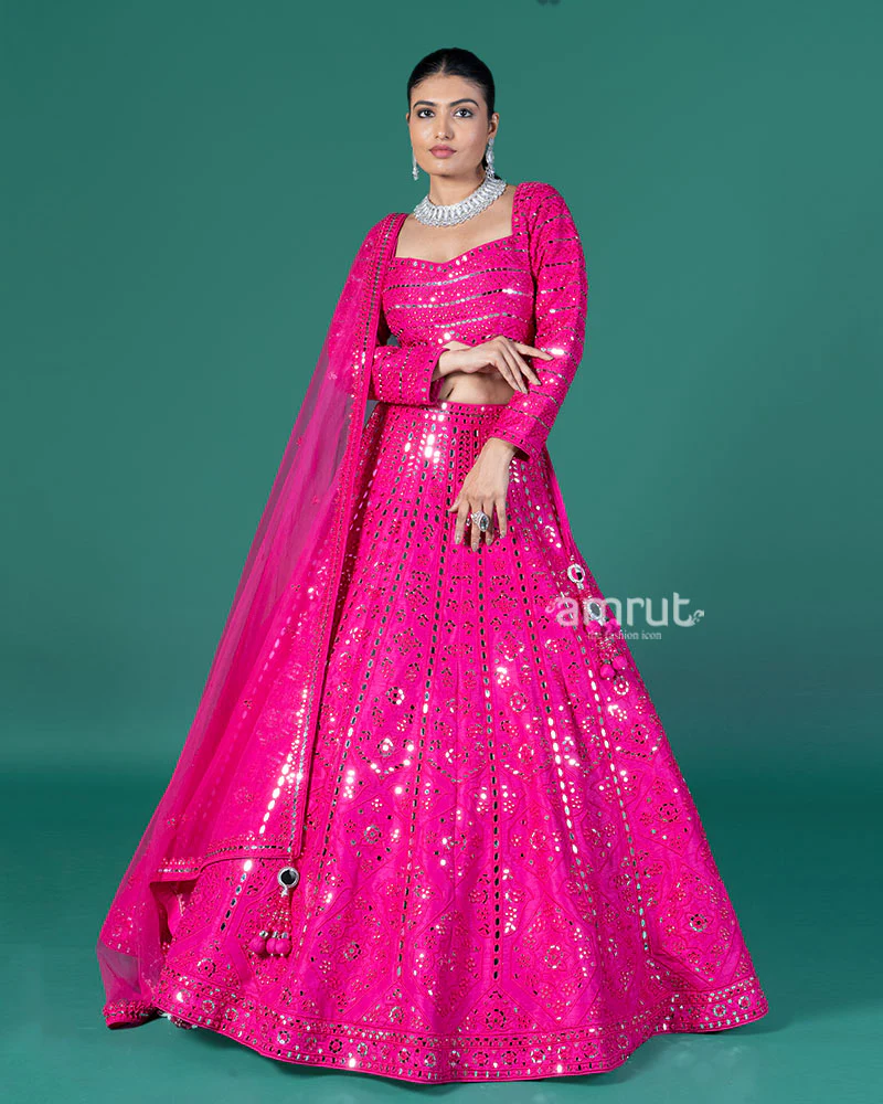 Hot Pink Mirror Embellished Lehenga Choli with Dupatta - Image 4