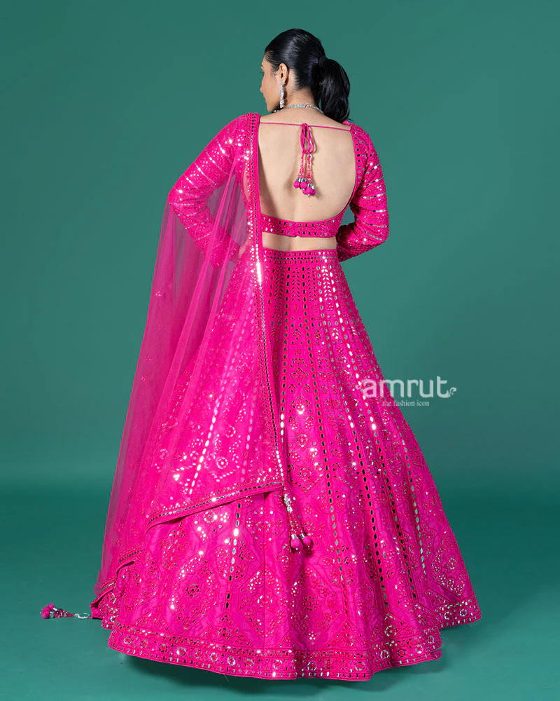 Hot Pink Mirror Embellished Lehenga Choli with Dupatta - Image 5