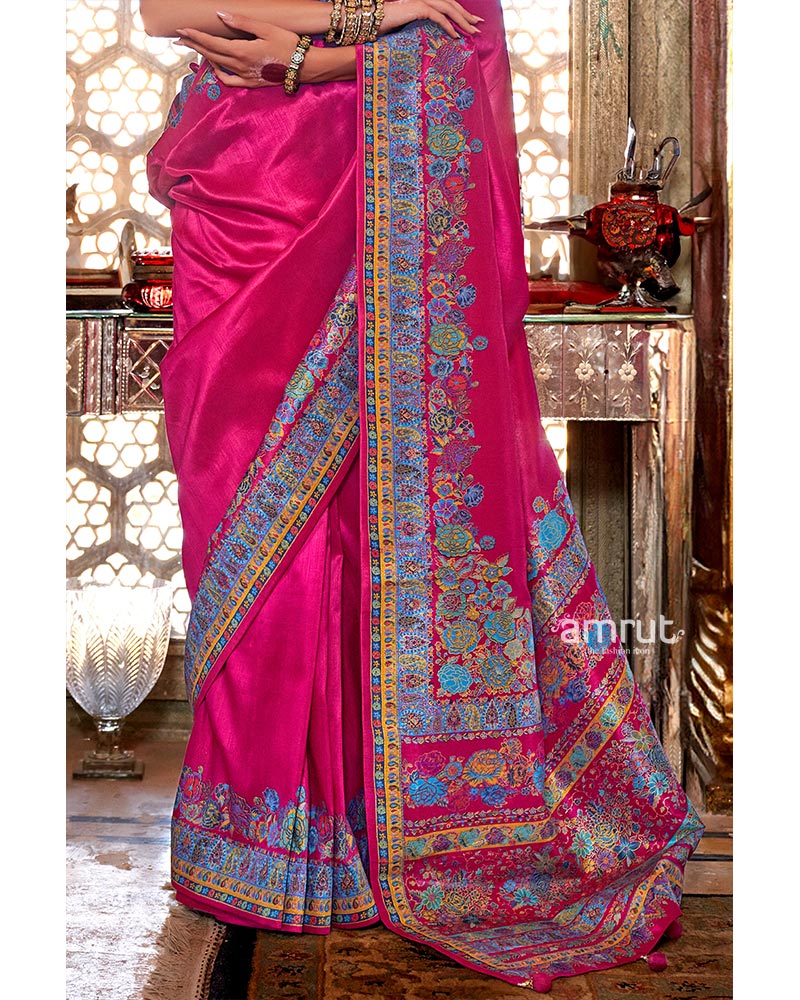 Hot Pink Intricate Floral Embroidery Embellished Pashmina Silk Saree with Unstitched Blouse - Image 3