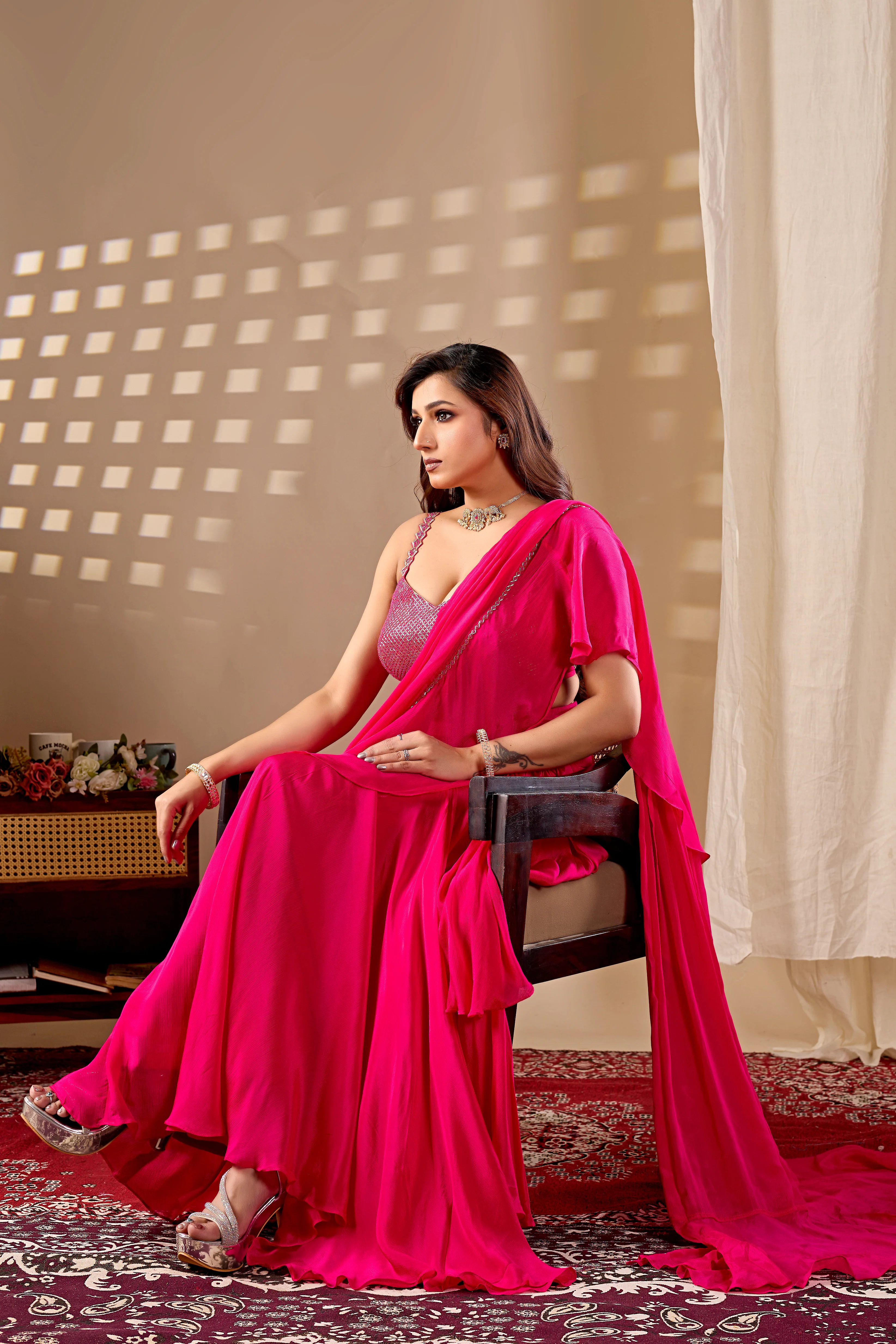 Hot Pink Ready to Wear Saree with Embellished Blouse - Image 5