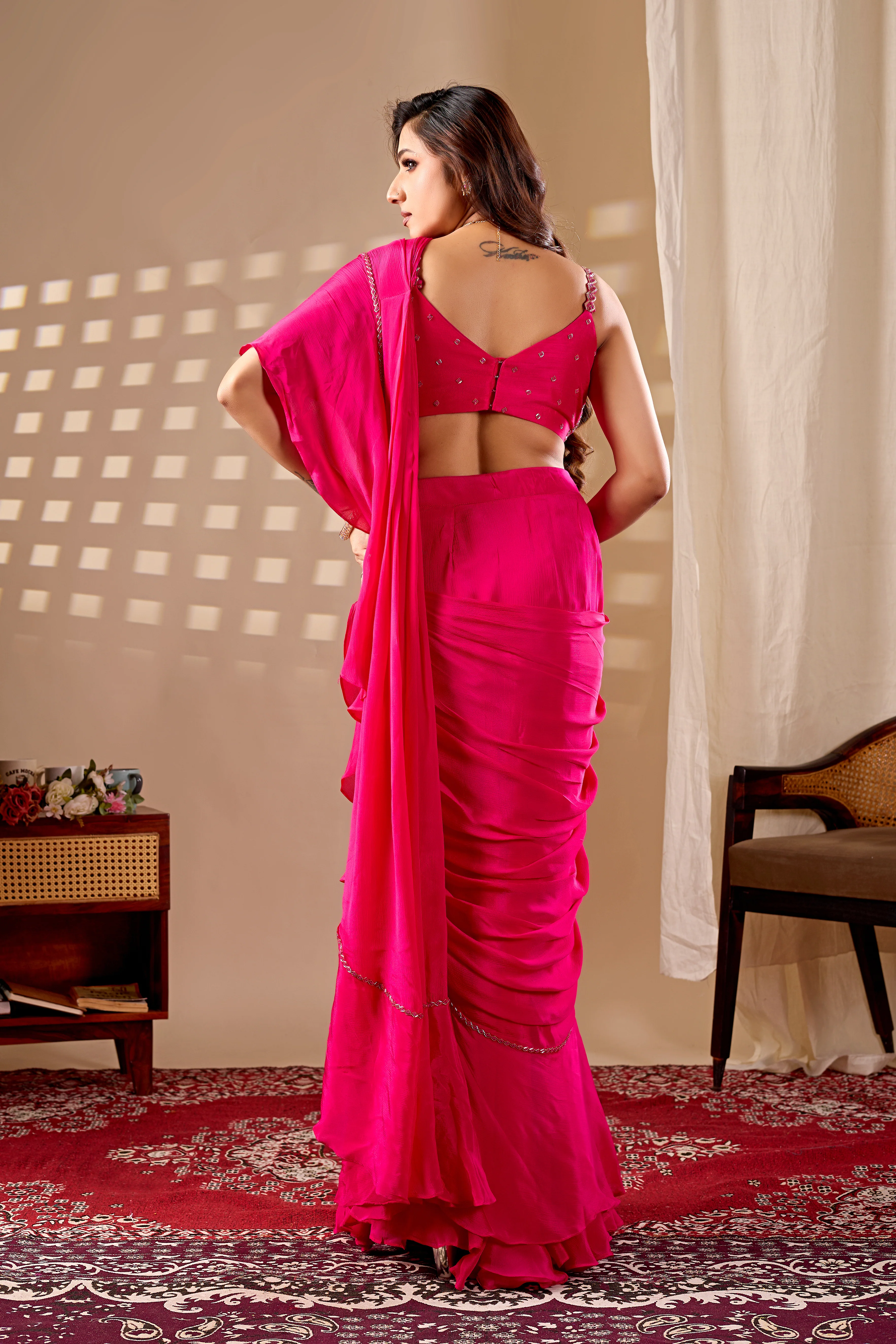 Hot Pink Ready to Wear Saree with Embellished Blouse - Image 6