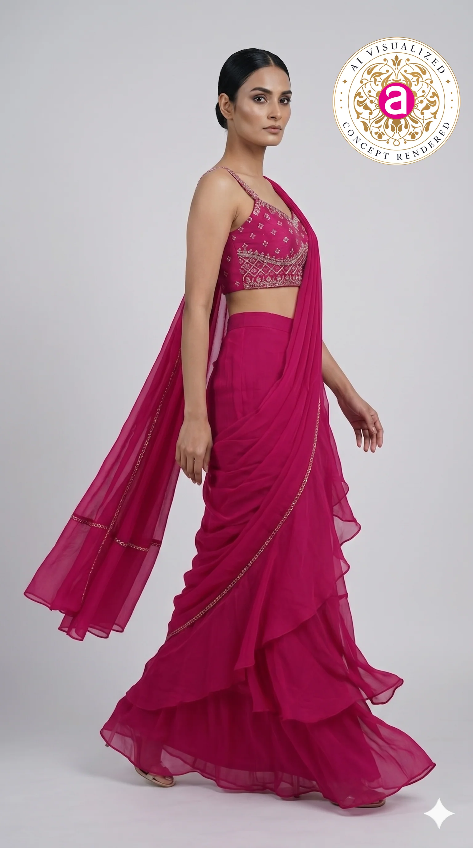 Hot Pink Ruffle Drape Designer Saree with Embellished Blouse - Image 2