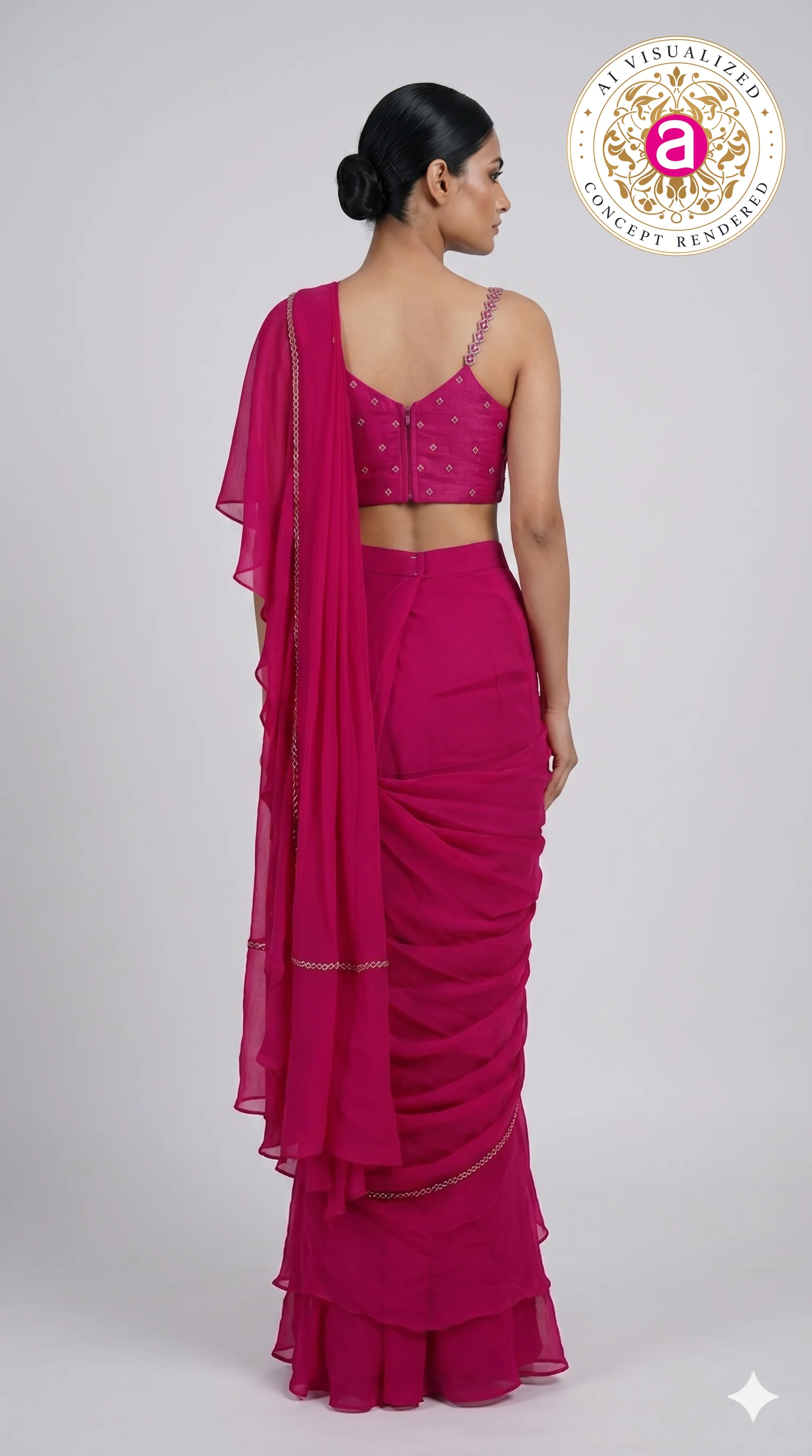 Hot Pink Ruffle Drape Designer Saree with Embellished Blouse - Image 3