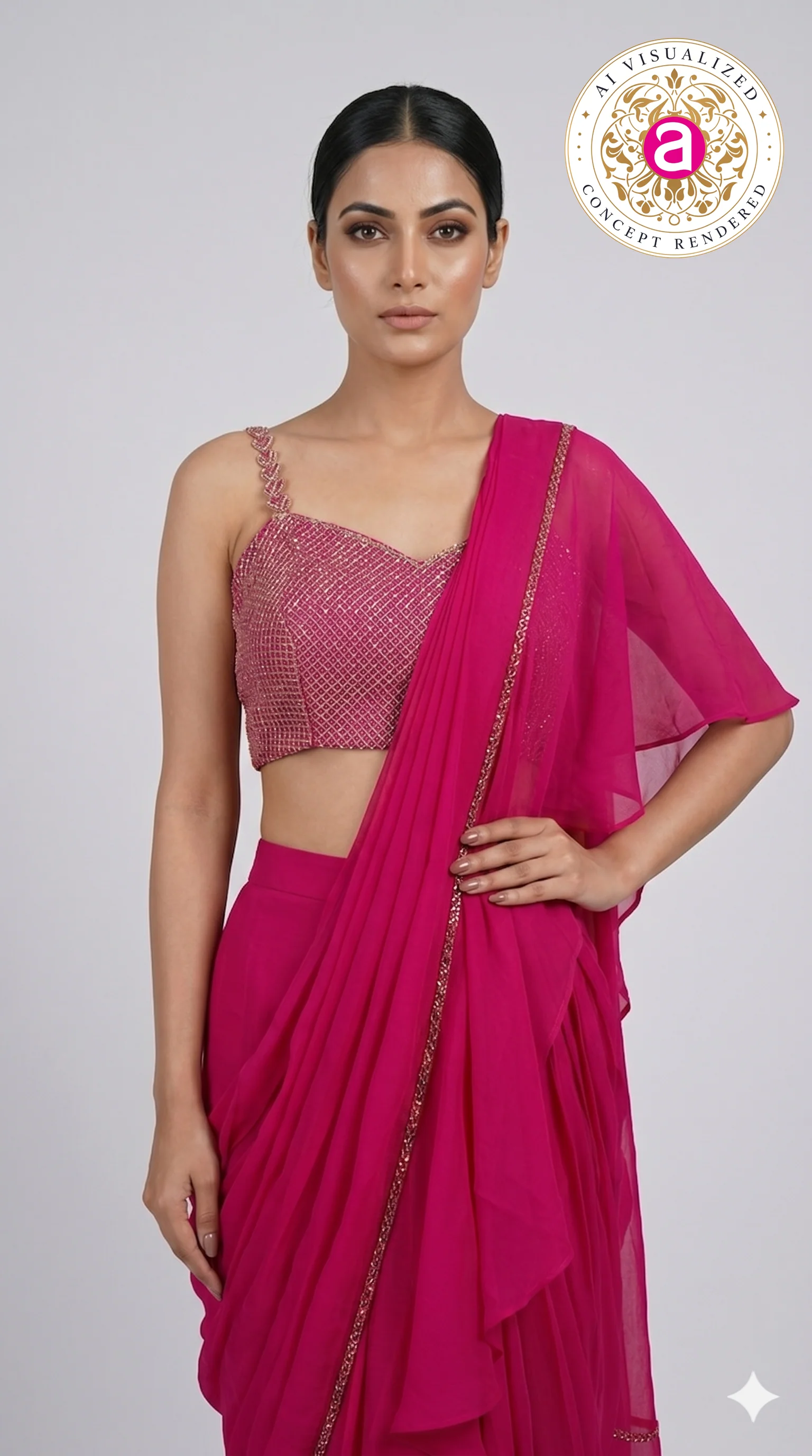 Hot Pink Ruffle Drape Designer Saree with Embellished Blouse - Image 4