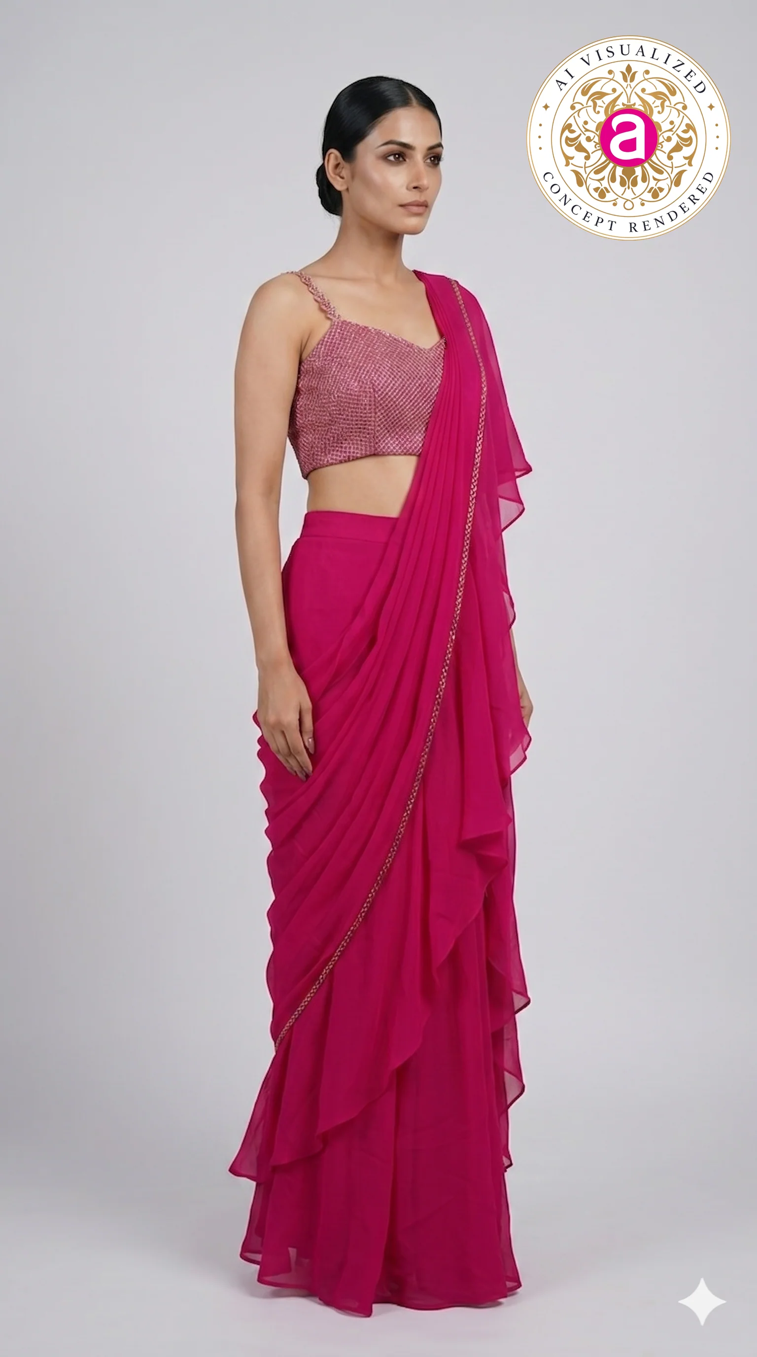 Hot Pink Ruffle Drape Designer Saree with Embellished Blouse - Image 5