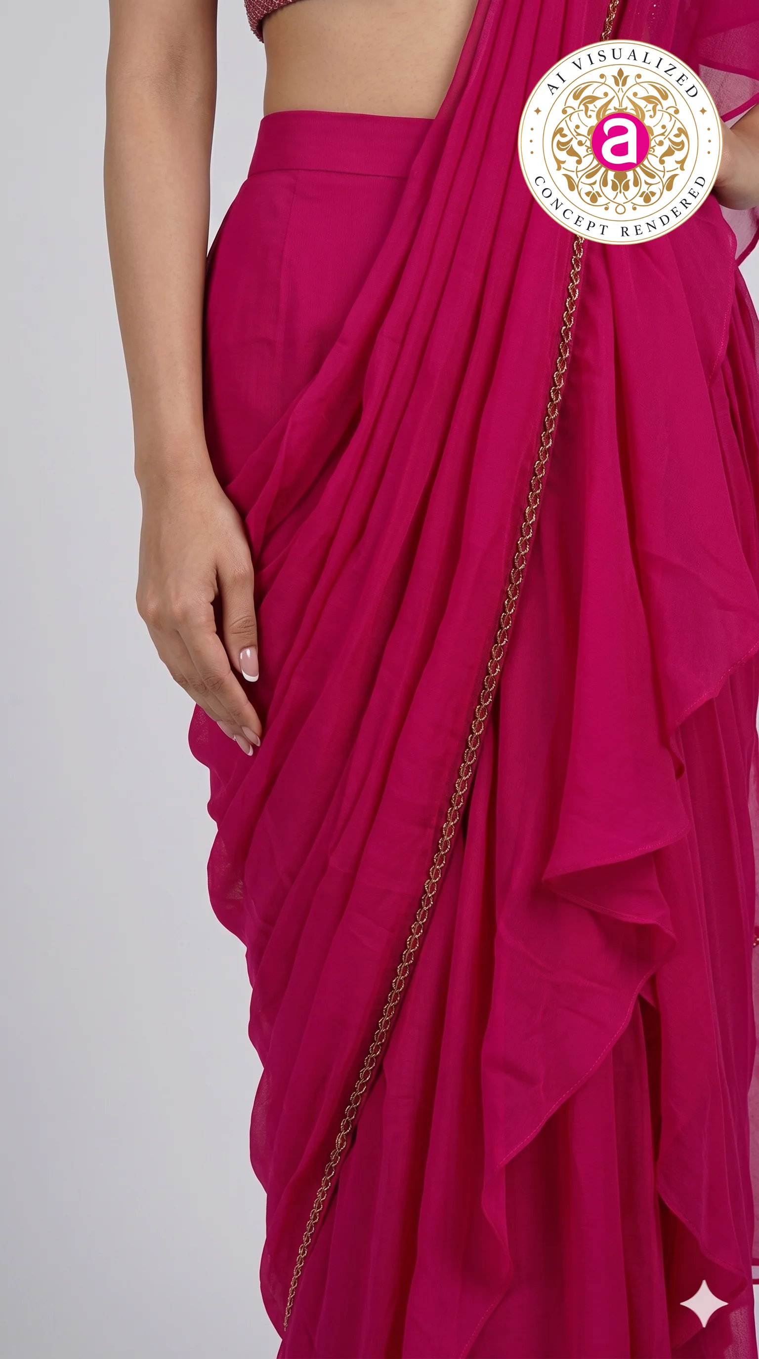 Hot Pink Ruffle Drape Designer Saree with Embellished Blouse - Image 6