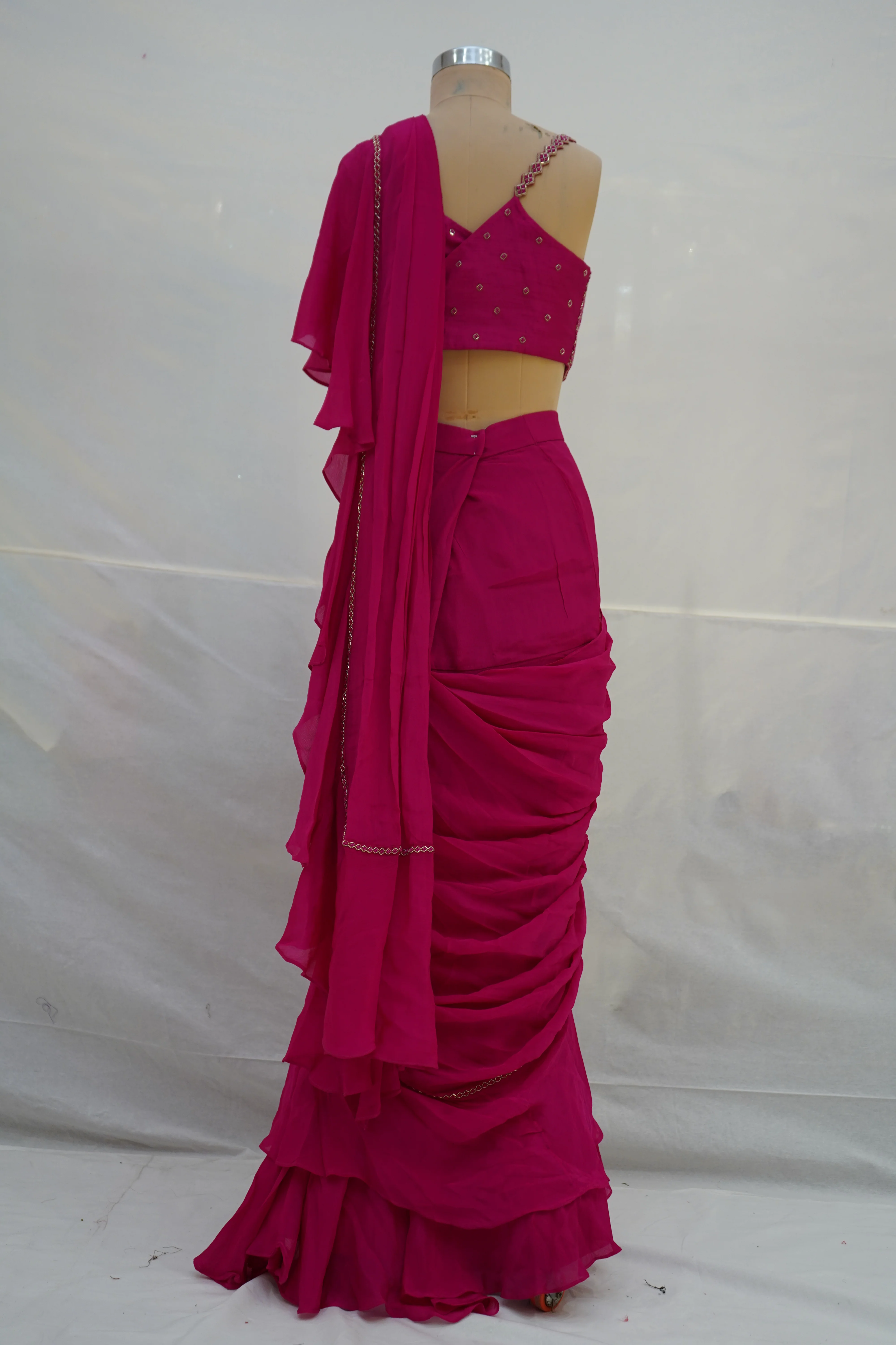 Hot Pink Ruffle Drape Designer Saree with Embellished Blouse - Image 7