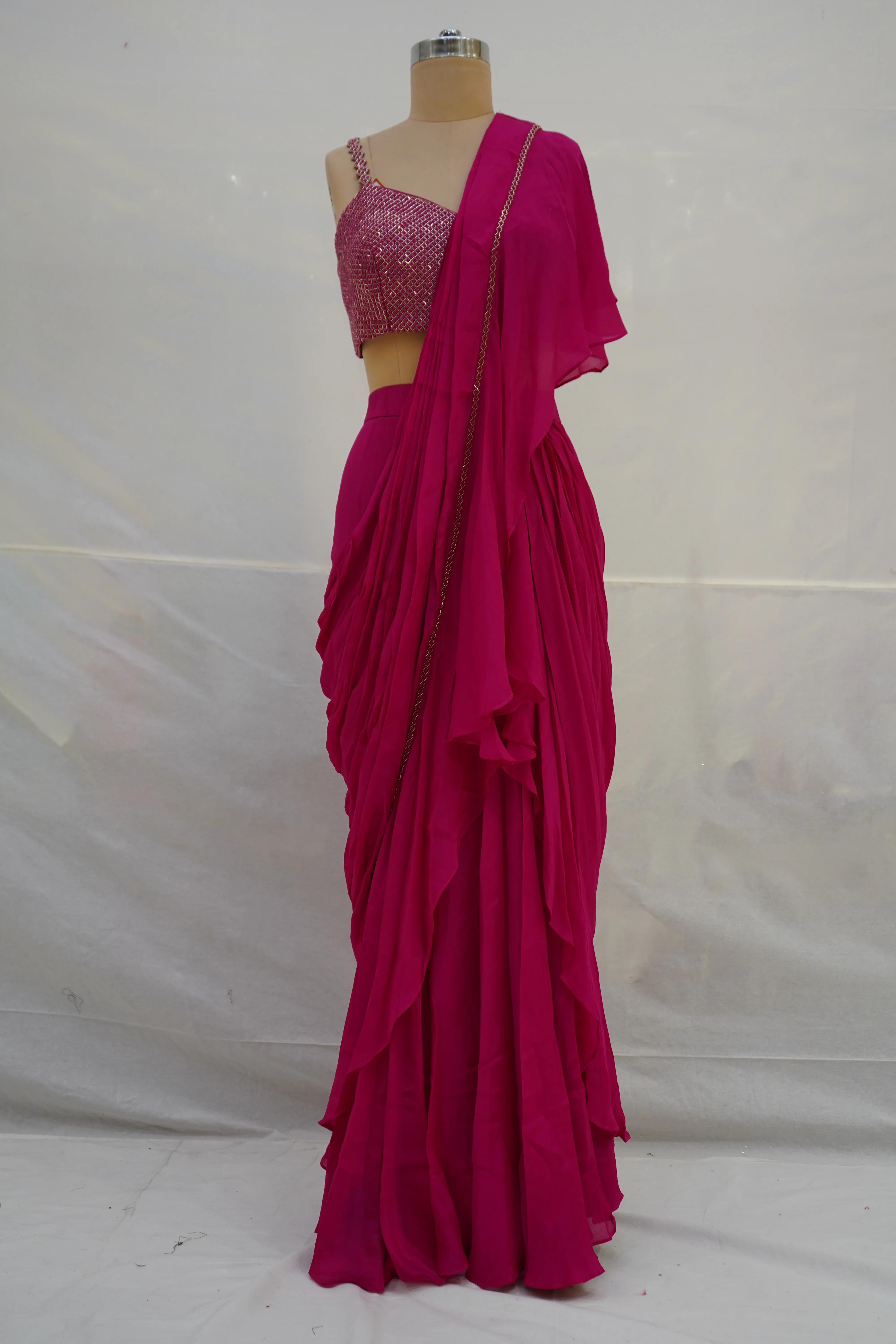 Hot Pink Ruffle Drape Designer Saree with Embellished Blouse - Image 8