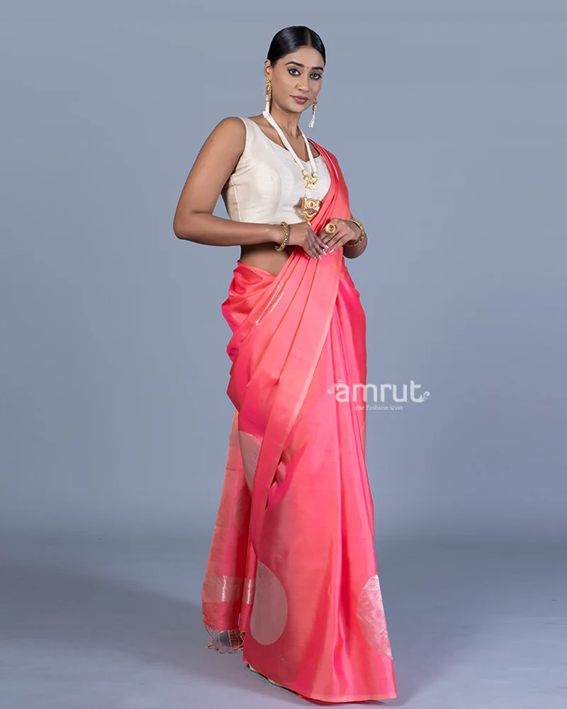 Hot Pink Saree with Golden Zari Woven Pattern with Unstitched Blouse - Image 4