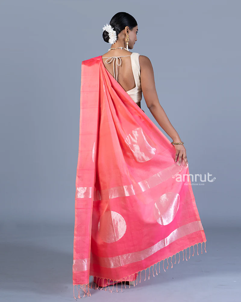 Hot Pink Saree with Golden Zari Woven Pattern with Unstitched Blouse - Image 5