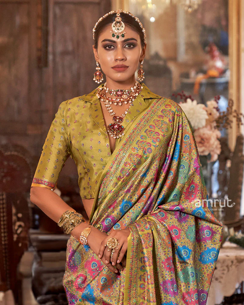 Husk Yellow with Multicolored Printed Saree and Unstitched Blouse - Image 2