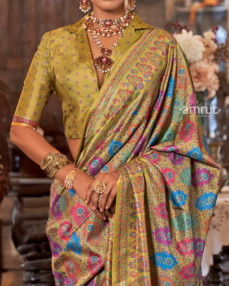 Husk Yellow with Multicolored Printed Saree and Unstitched Blouse - Image 3