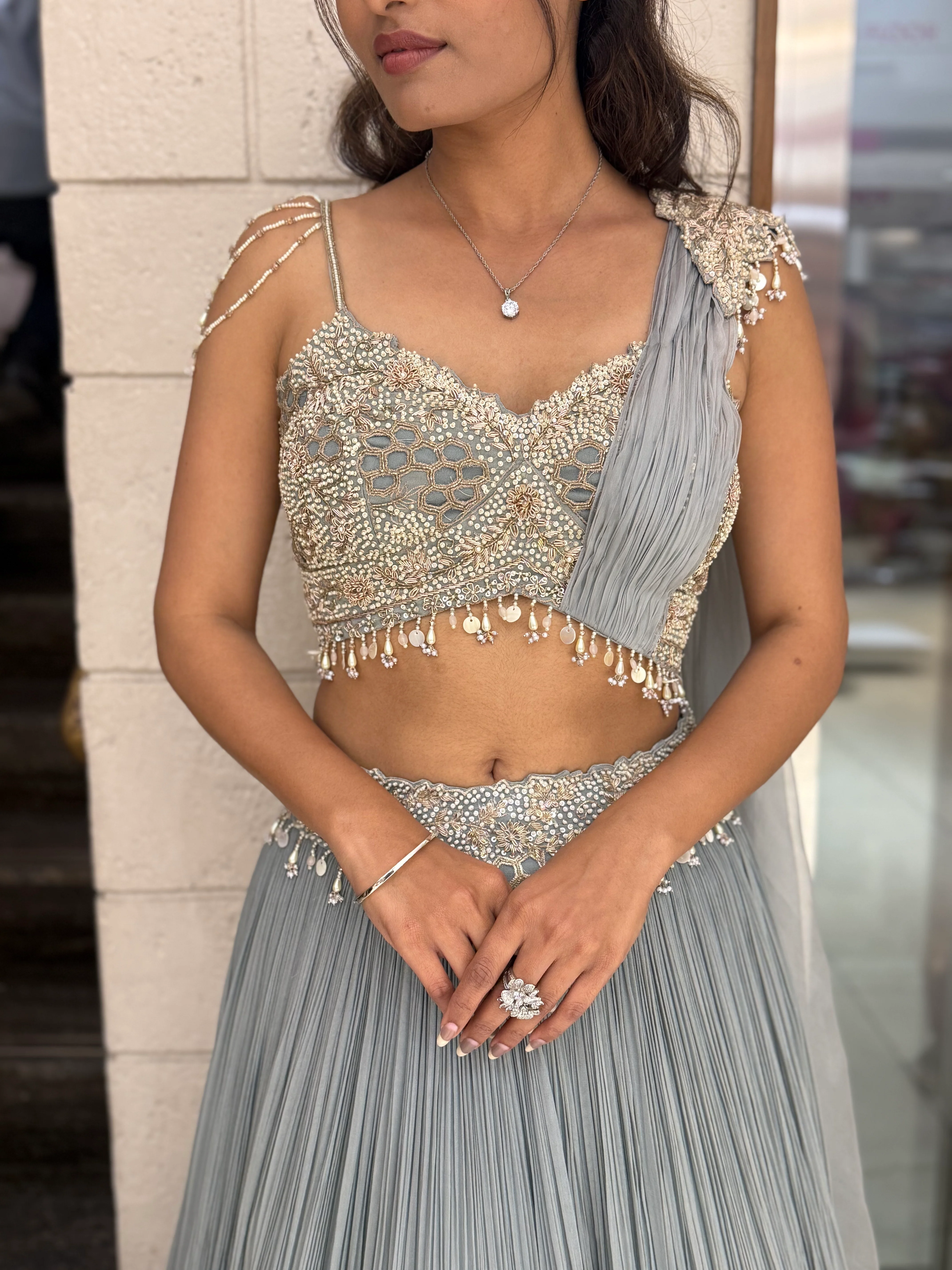 Ice Blue Embellished Designer Lehenga Set with Draped Dupatta - Image 2