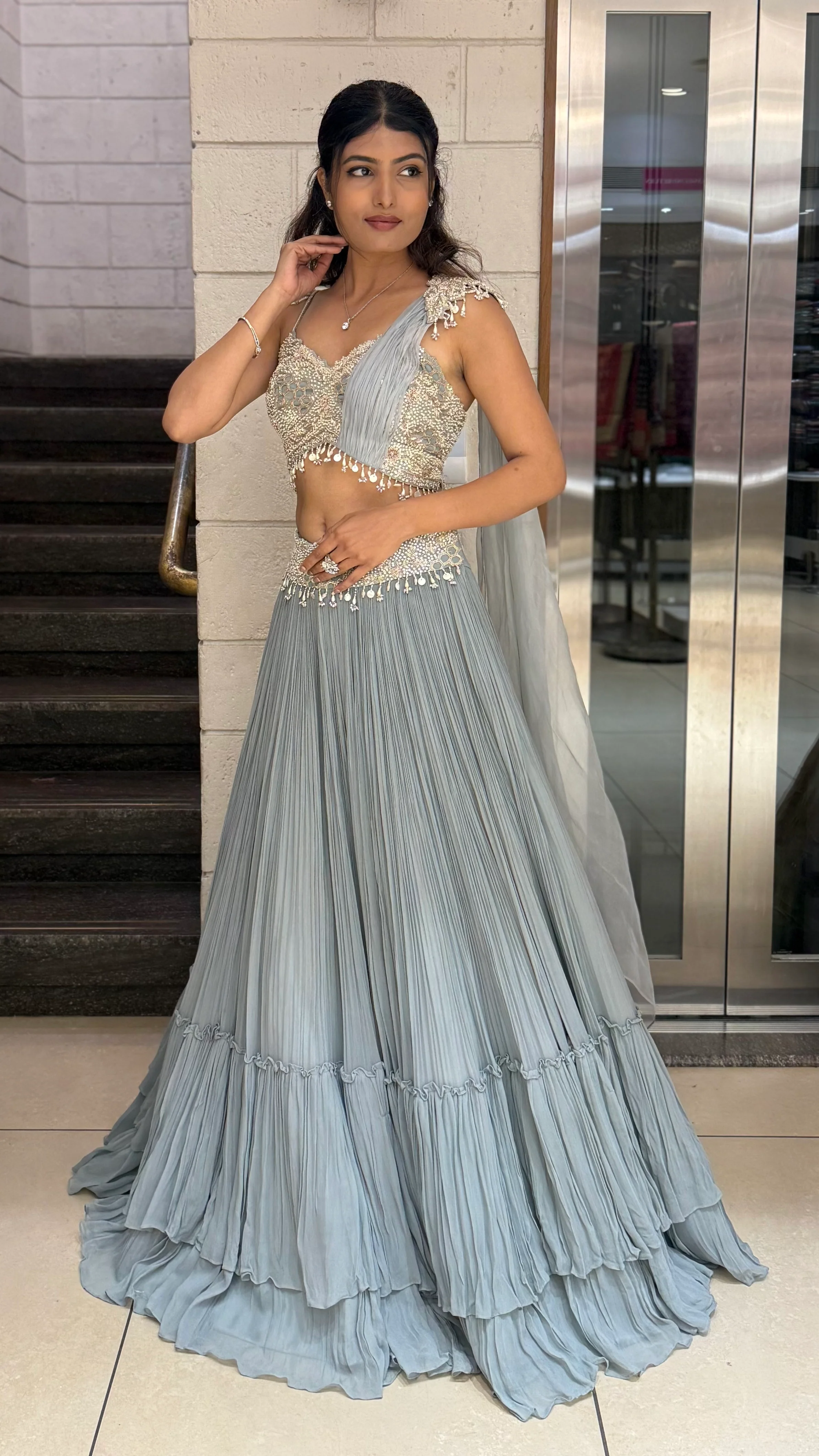Ice Blue Embellished Designer Lehenga Set with Draped Dupatta - Image 3
