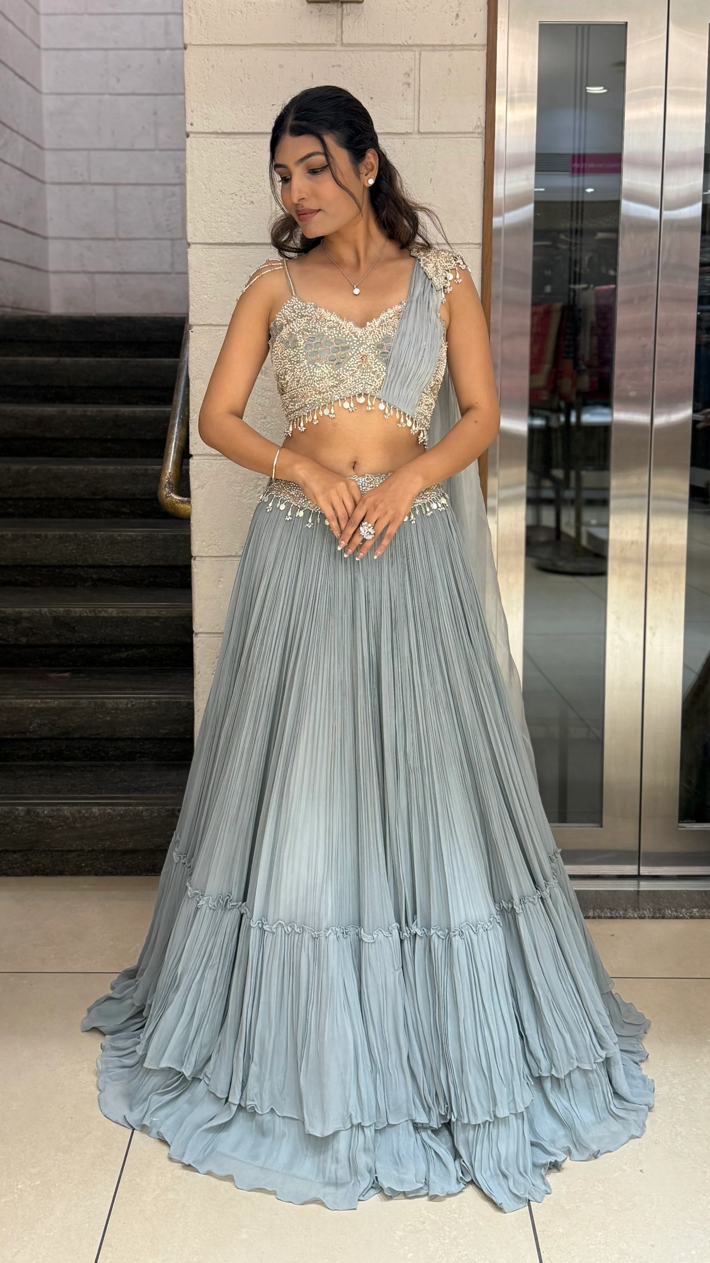 Ice Blue Embellished Designer Lehenga Set with Draped Dupatta - Image 4