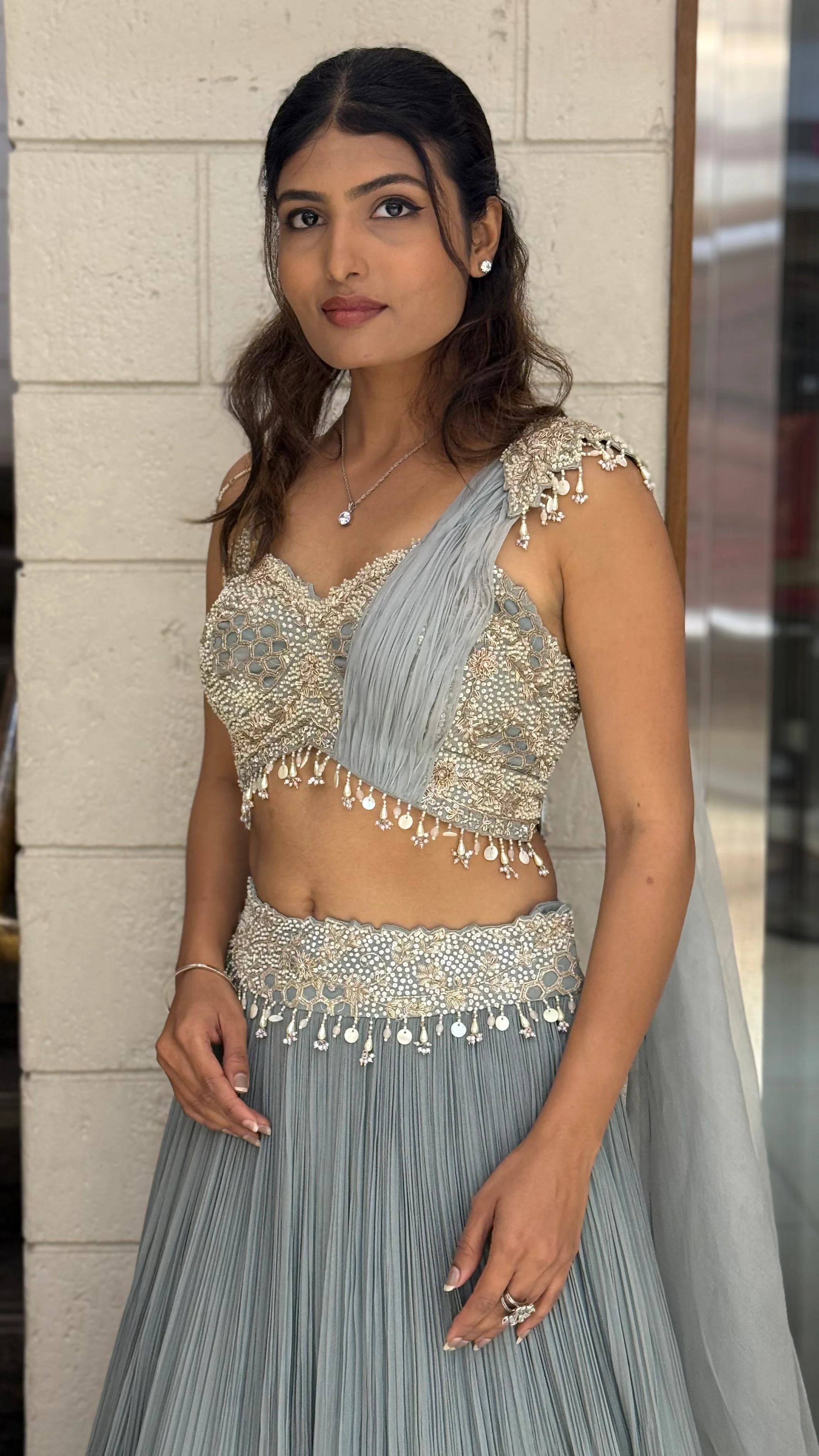Ice Blue Embellished Designer Lehenga Set with Draped Dupatta - Image 5