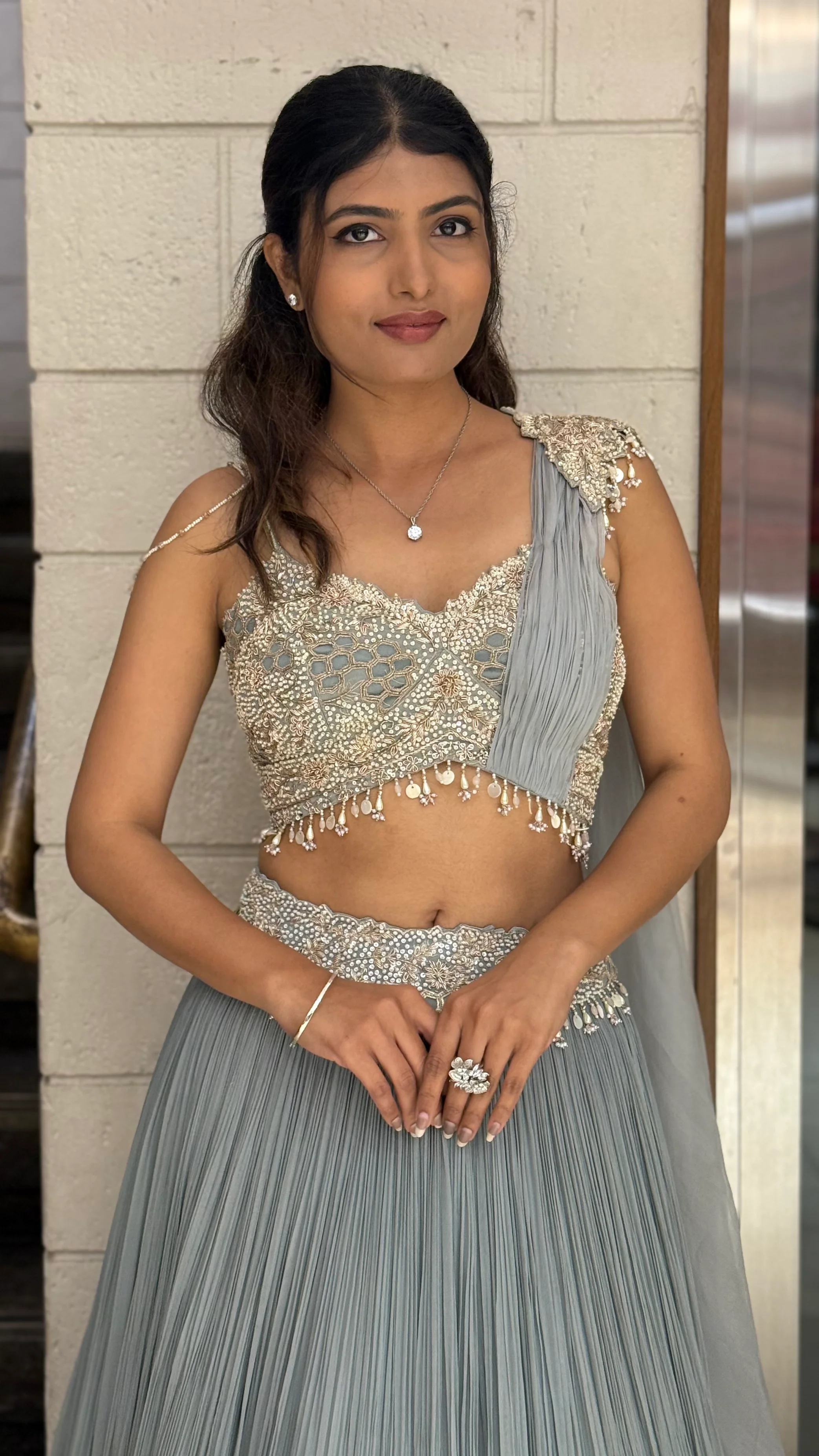 Ice Blue Embellished Designer Lehenga Set with Draped Dupatta - Image 6