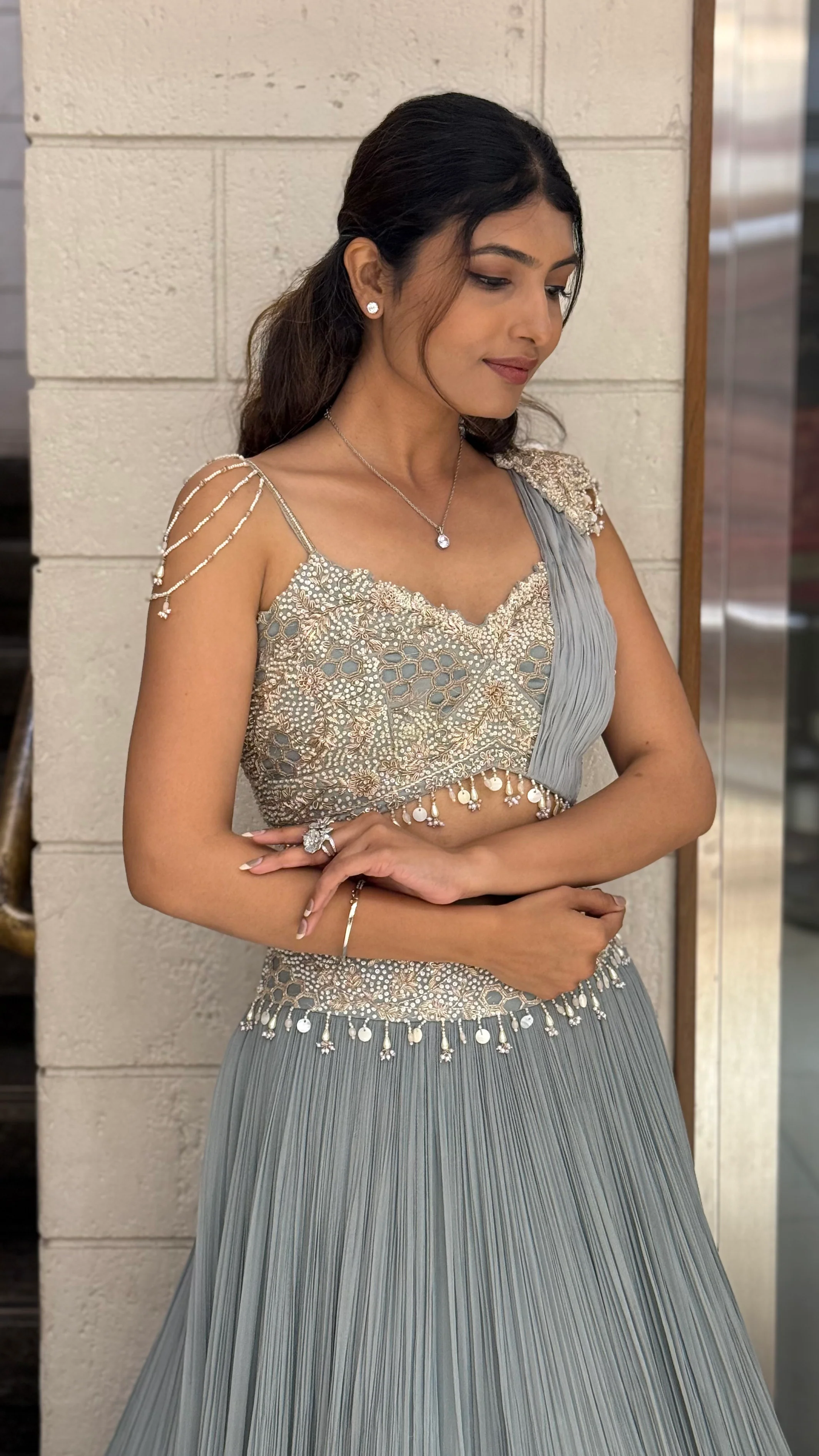Ice Blue Embellished Designer Lehenga Set with Draped Dupatta - Image 7
