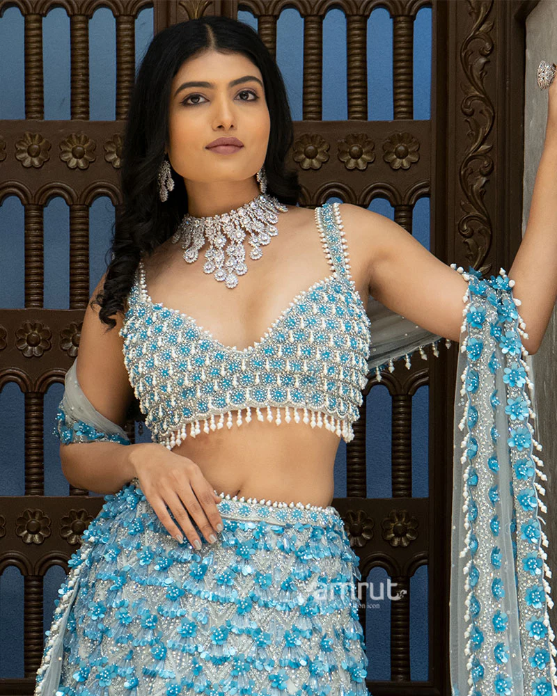 Ice Blue Mirror and Sequin Embroidered Designer Lehenga Set - Image 3