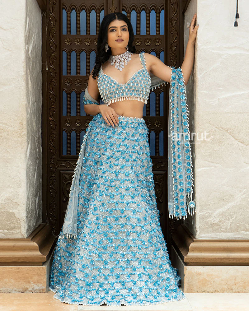 Ice Blue Mirror and Sequin Embroidered Designer Lehenga Set - Image 4