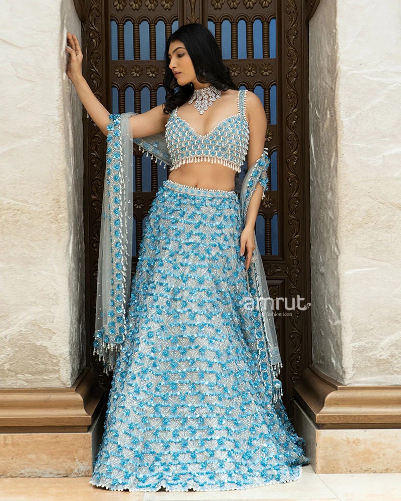 Ice Blue Mirror and Sequin Embroidered Designer Lehenga Set - Image 5
