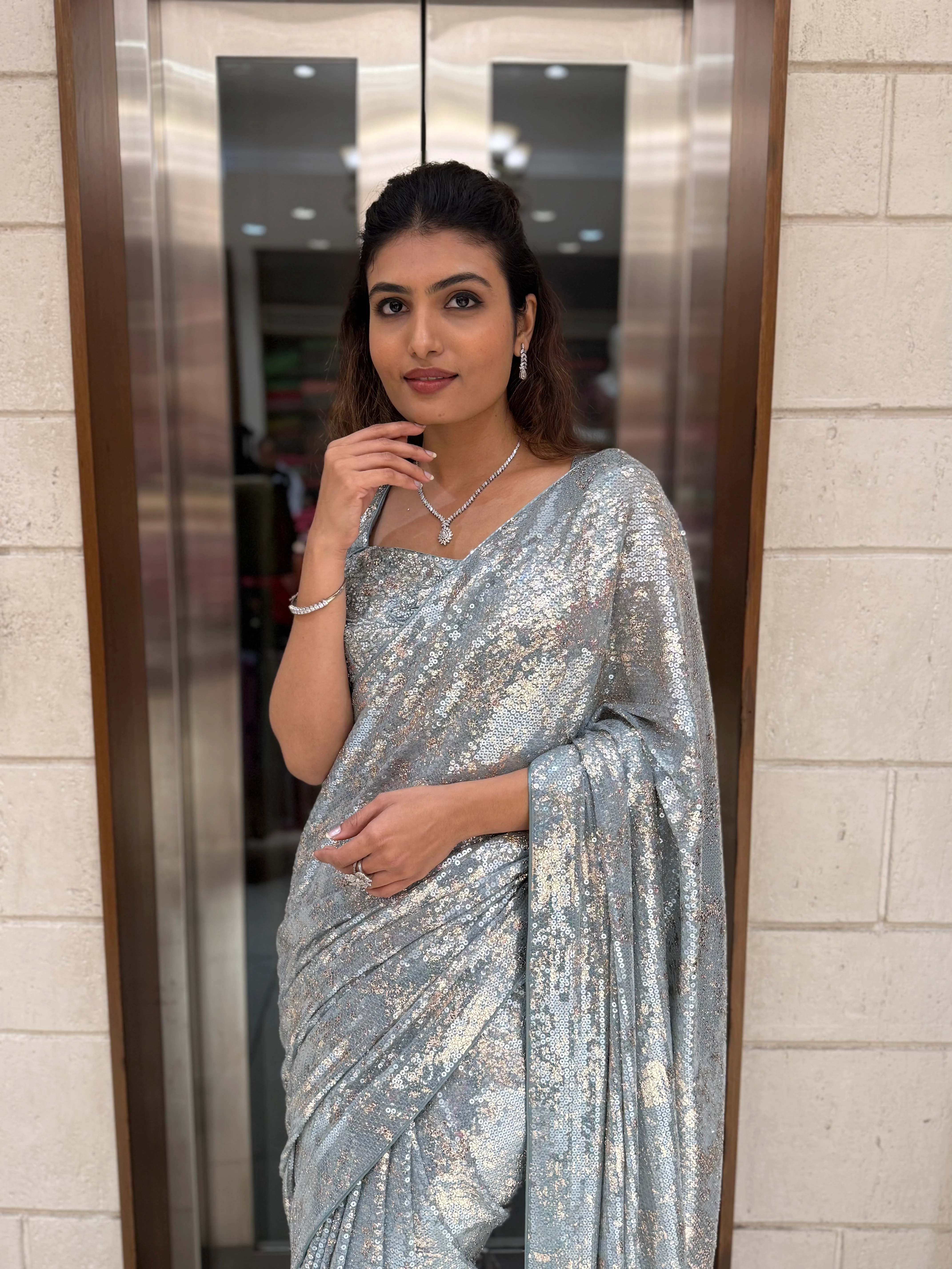 Ice Blue Sequin Designer Saree with Matching Blouse – Shimmer Frost Edition - Image 2