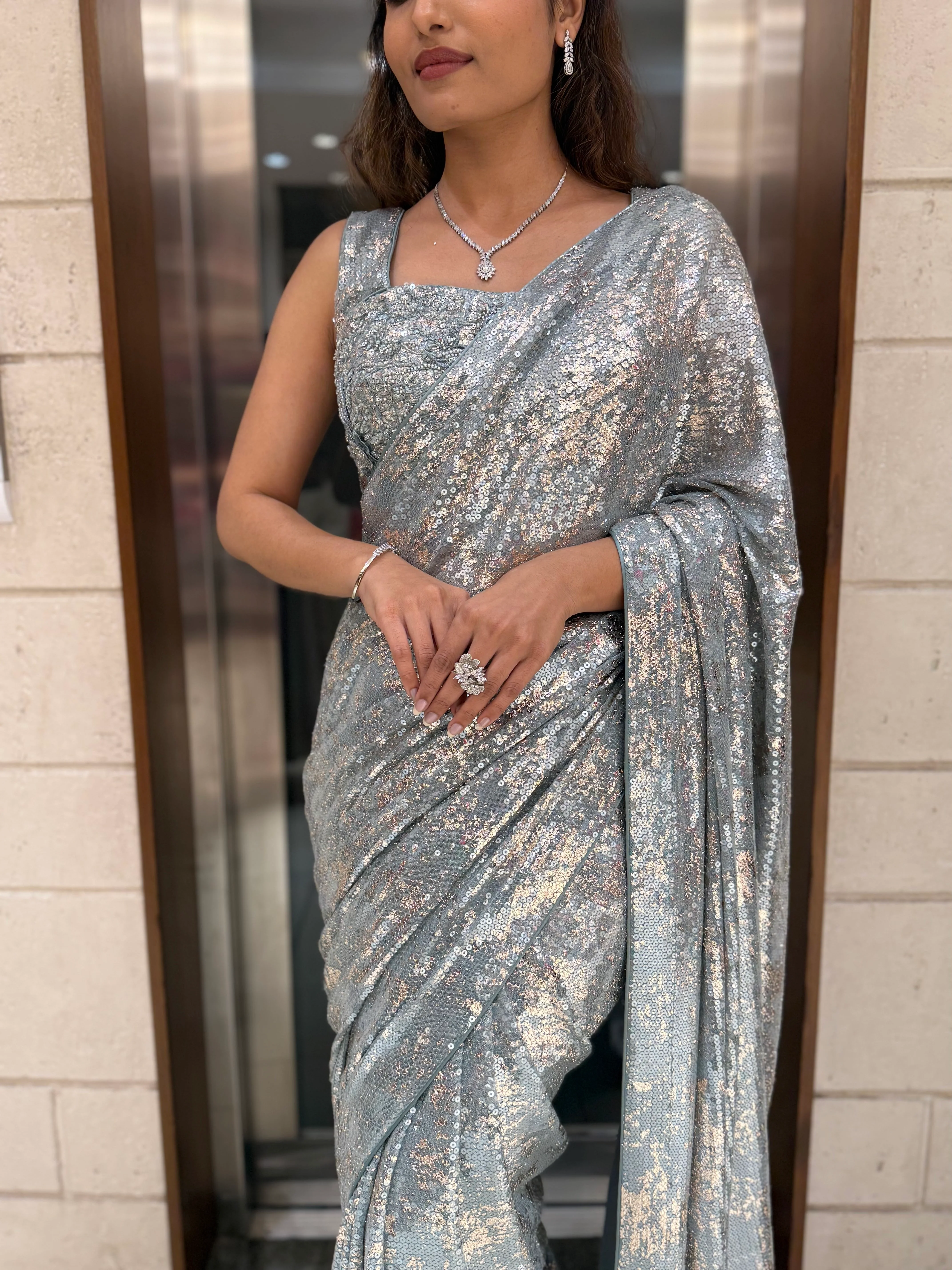 Ice Blue Sequin Designer Saree with Matching Blouse – Shimmer Frost Edition - Image 3