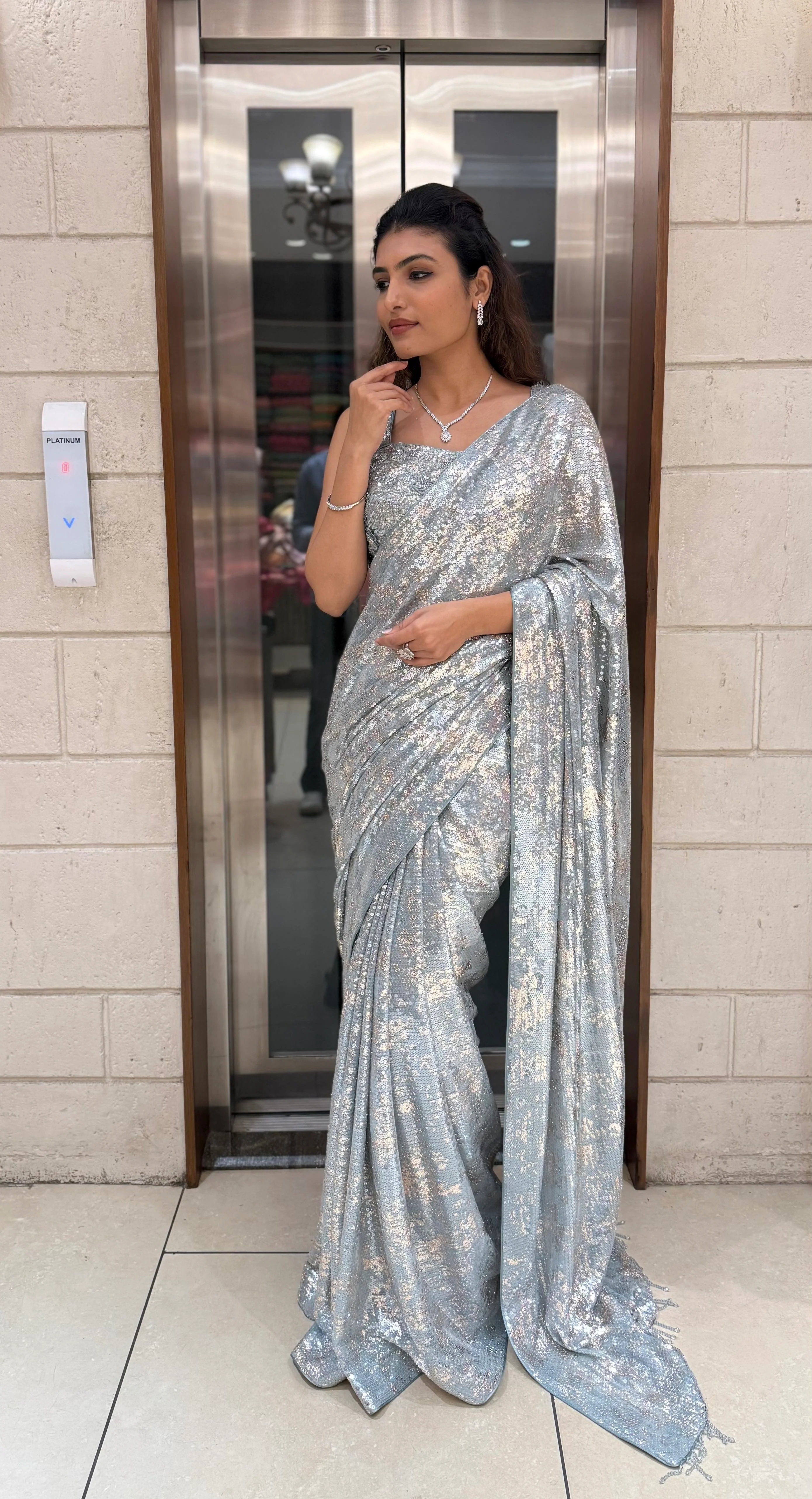 Ice Blue Sequin Designer Saree with Matching Blouse – Shimmer Frost Edition - Image 4