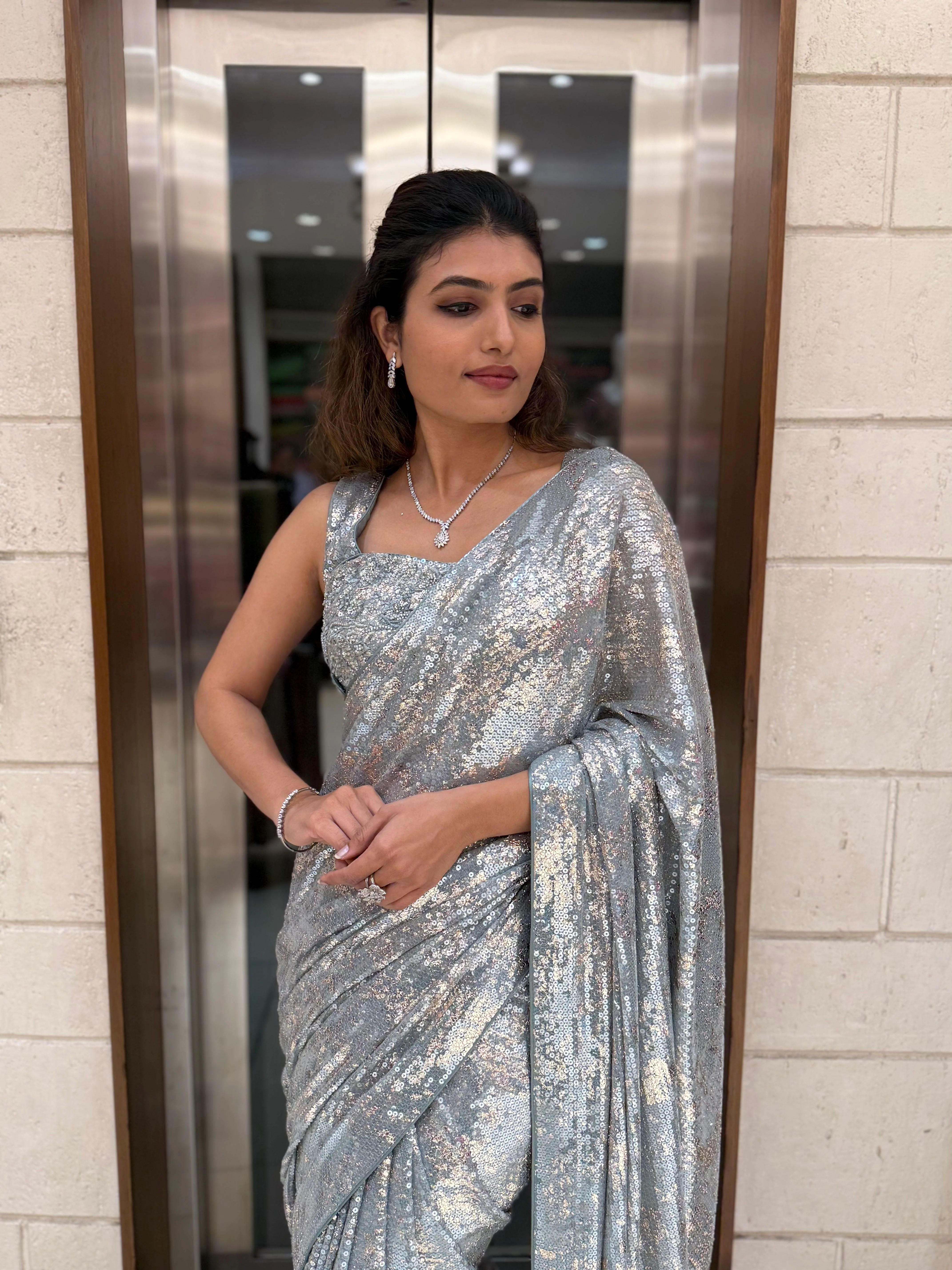 Ice Blue Sequin Designer Saree with Matching Blouse – Shimmer Frost Edition - Image 5