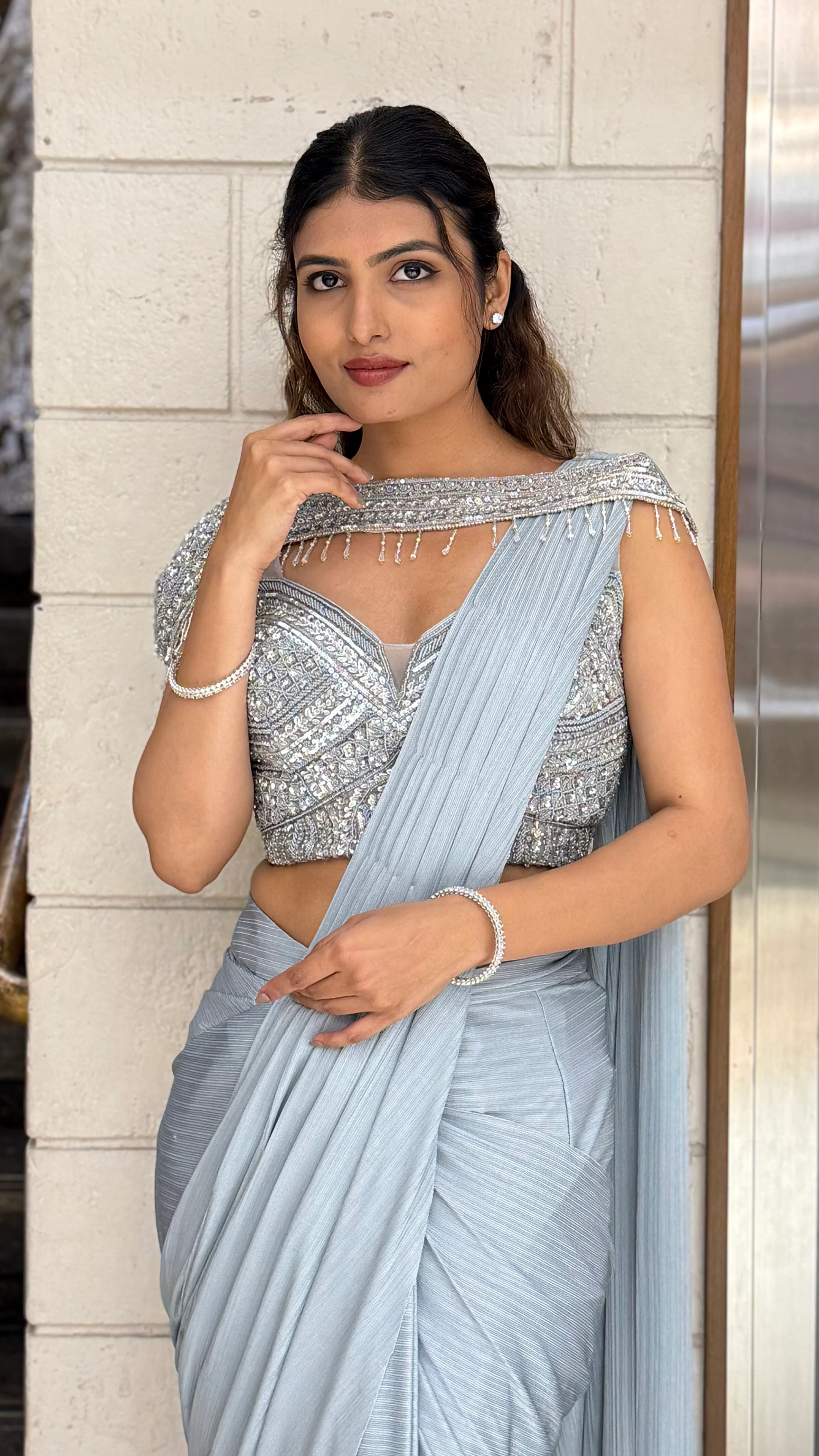 Icy Blue Ready-to-Wear Draped Saree with Heavy Embellished Blouse - Image 3