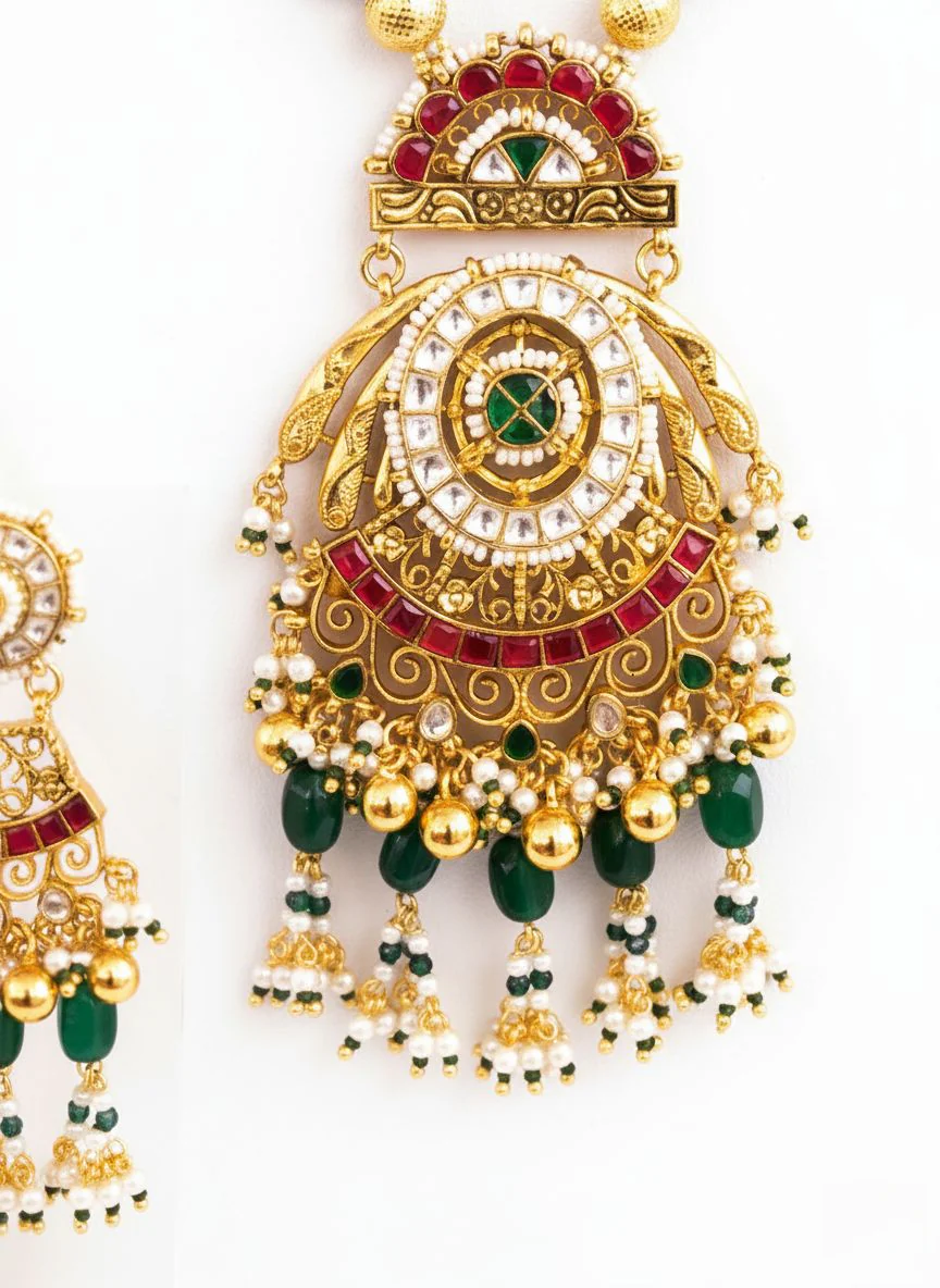 Imperial Emerald & Pearl Layered Necklace Set with Kundan Temple Pendant - Image 3