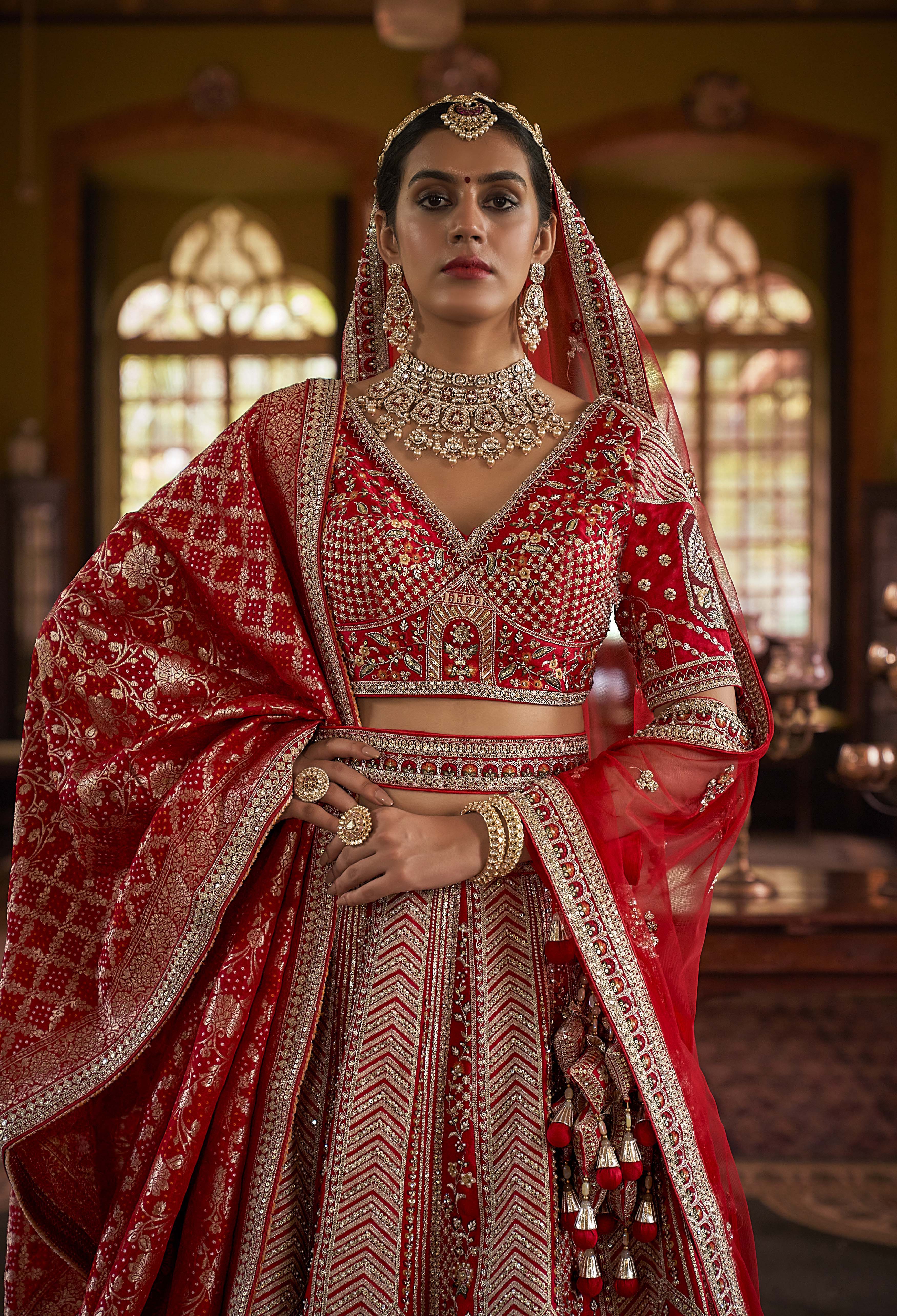 Imperial Scarlet Red Bridal Lehenga with Handcrafted Zardozi, Dabka & Resham Embroidery - Image 2
