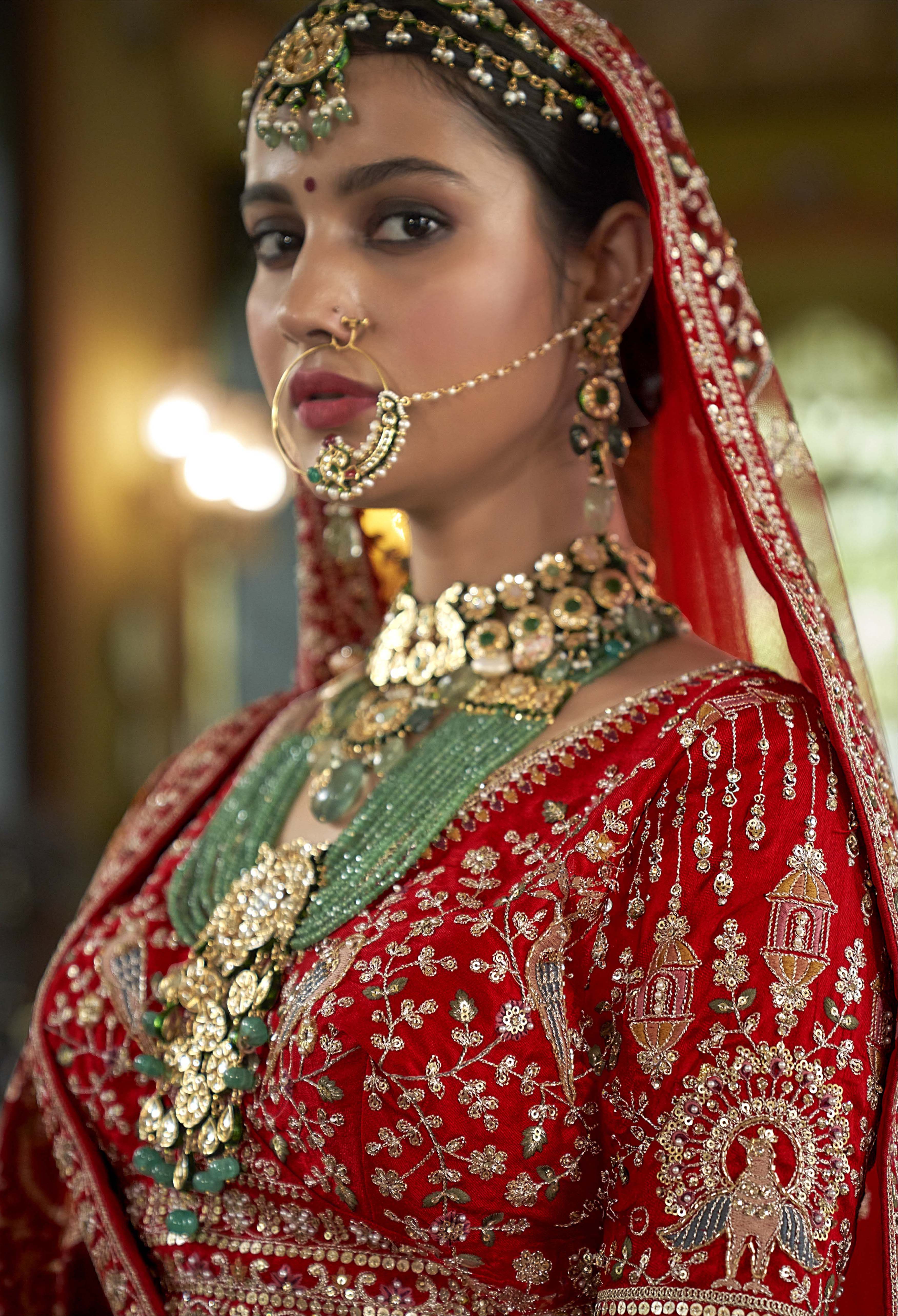 Imperial Scarlet Red Bridal Lehenga with Zardozi & Royal Peacock Embroidery - Image 2
