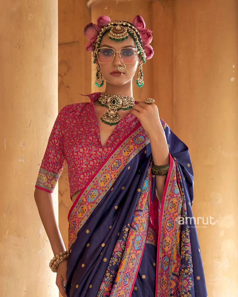 Indigo Floral Printed Olive green Border Saree with Unstitched Blouse - Image 2