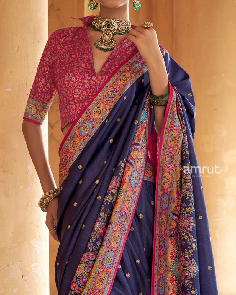 Indigo Floral Printed Olive green Border Saree with Unstitched Blouse - Image 3