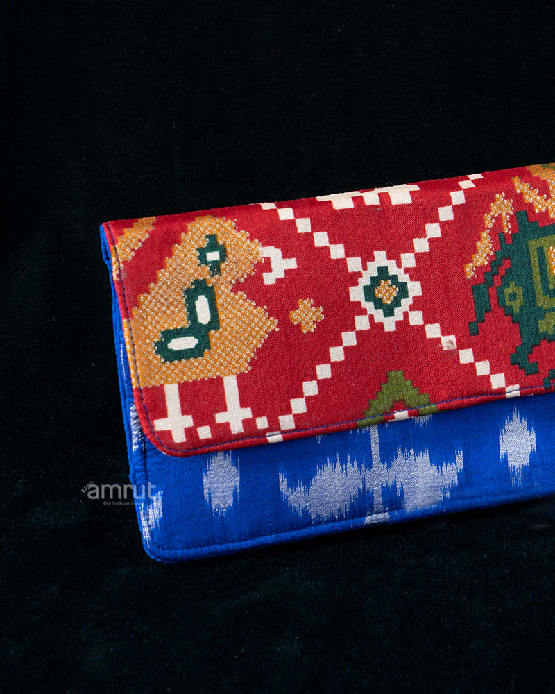 Indigo Handcrafted Elephant Motif Fabric Clutch with Ikat Print - Image 2