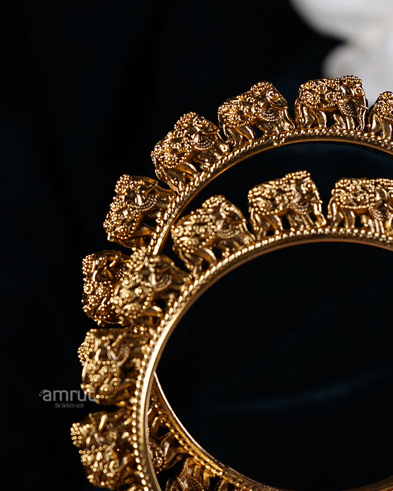 Intricate Elephant Motifs Gold-Toned Bangle Set - Image 2