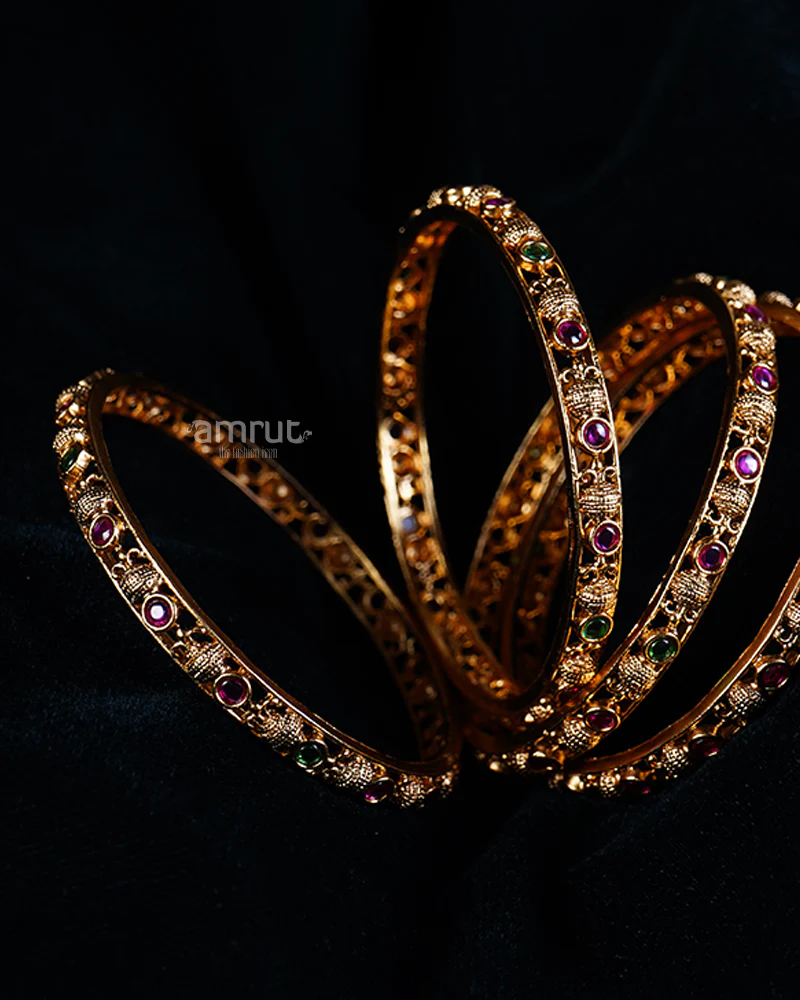 Intricately Designed Gold Bangles with Ruby and Emerald Gemstones - Image 2