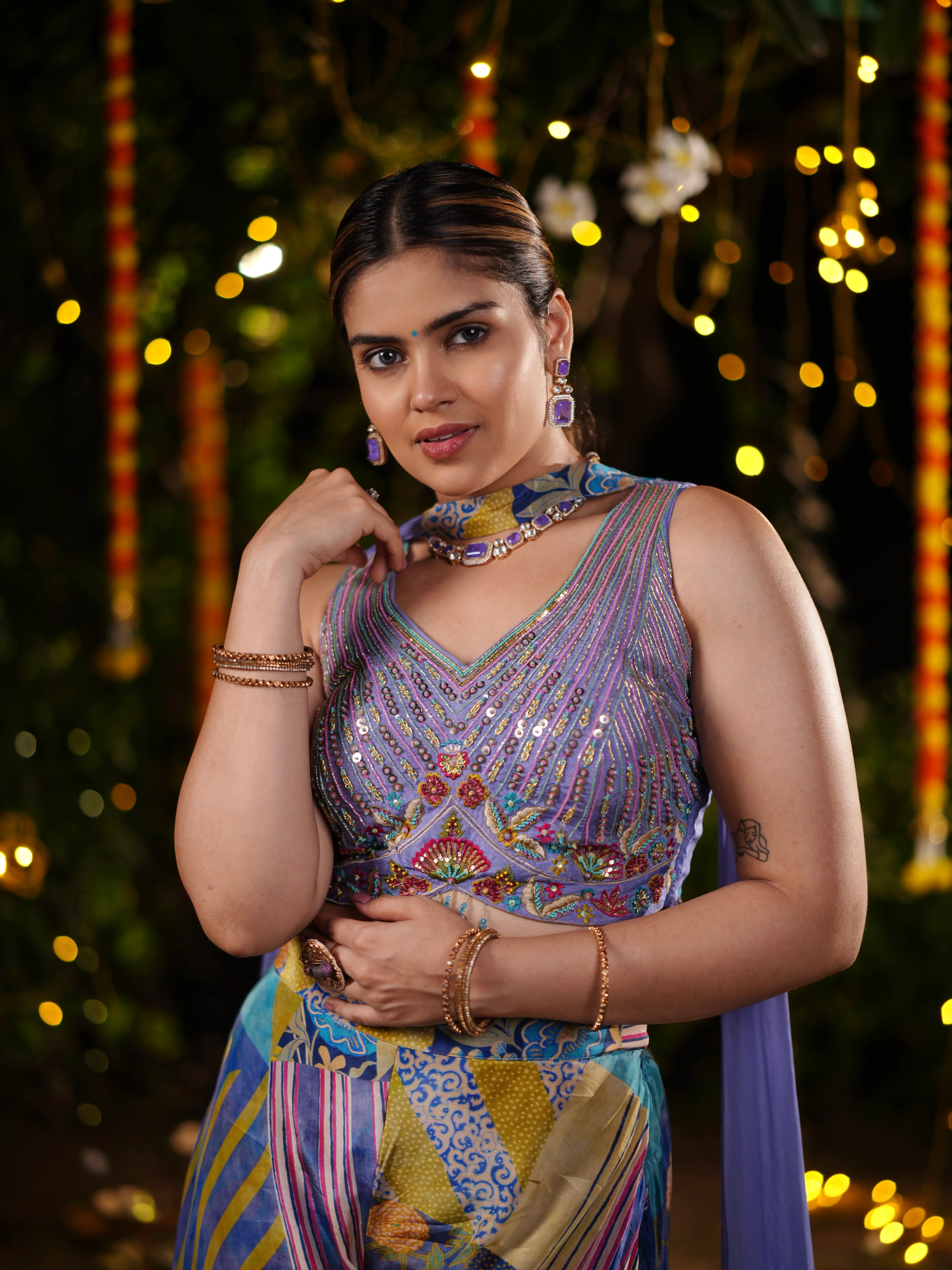 Iris Blue Multicolor Printed Palazzo Suit with Sequin Embellished Blouse & Draped Cape - Image 2