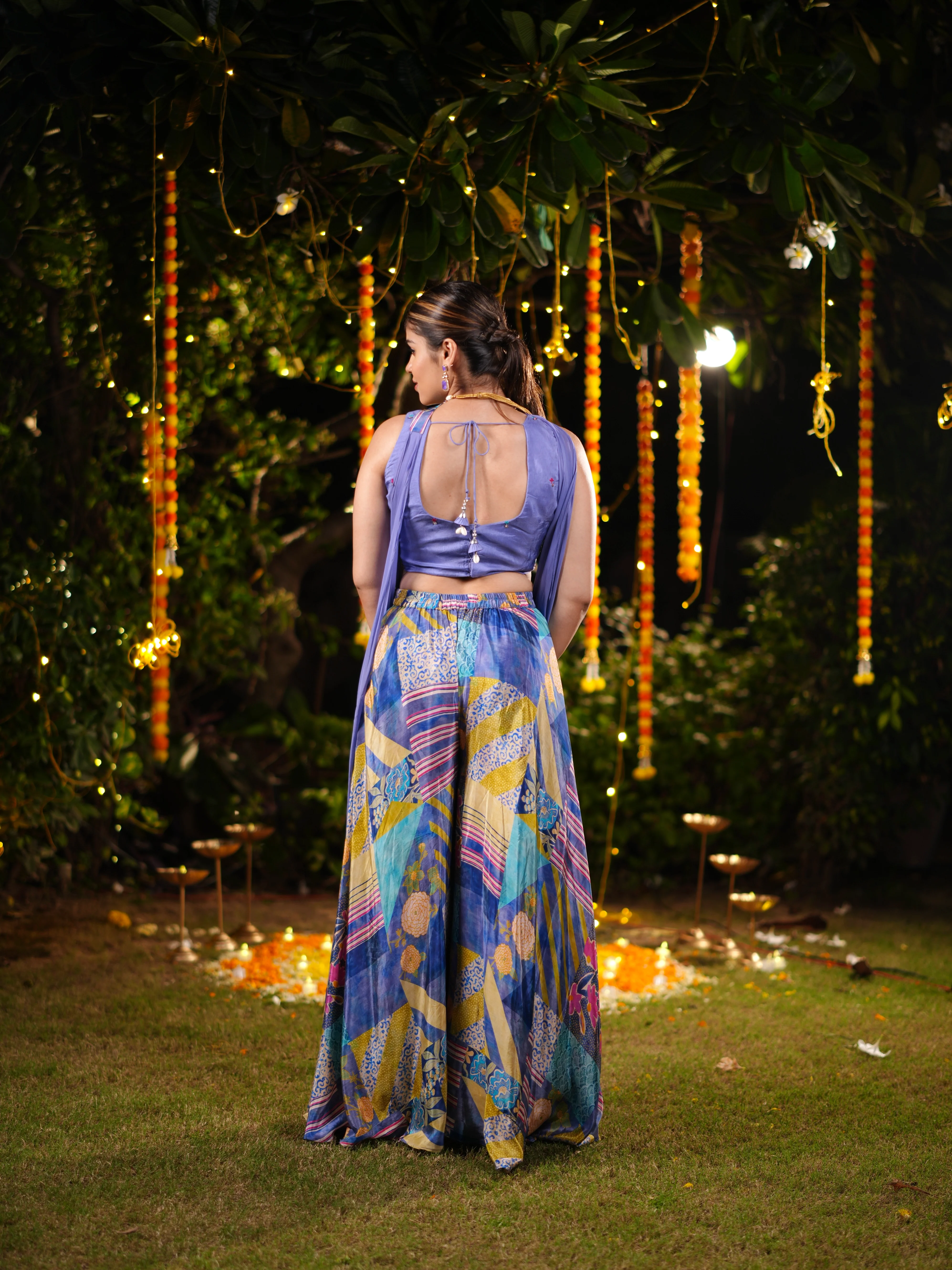 Iris Blue Multicolor Printed Palazzo Suit with Sequin Embellished Blouse & Draped Cape - Image 4