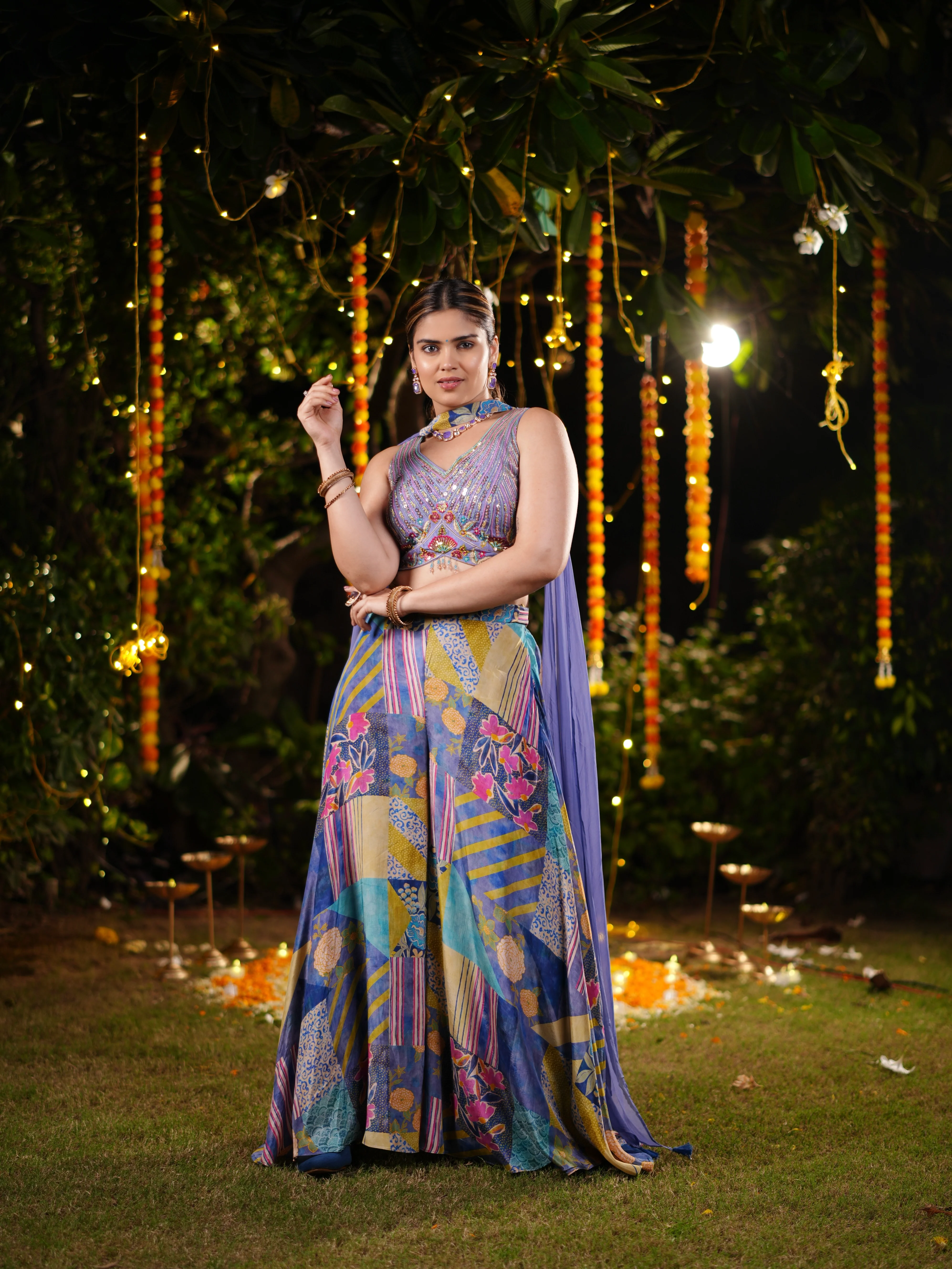 Iris Blue Multicolor Printed Palazzo Suit with Sequin Embellished Blouse & Draped Cape - Image 5