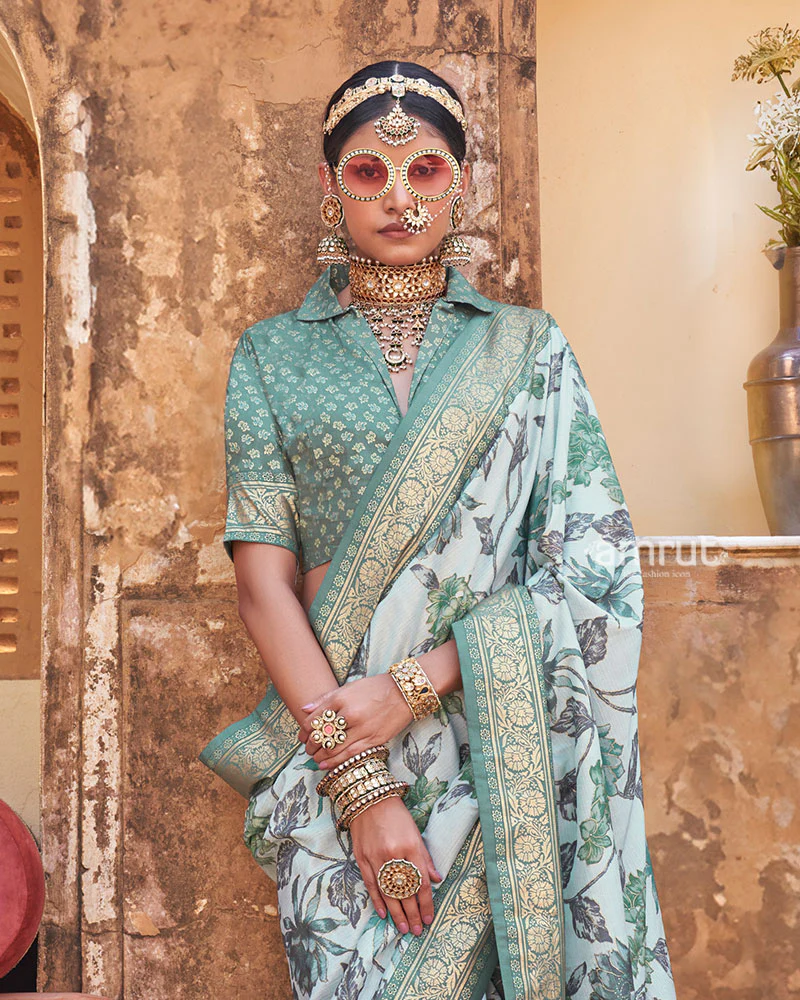 Irish Mint Floral Printed Silk Saree with Unstitched Blouse - Image 2