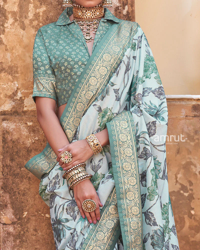 Irish Mint Floral Printed Silk Saree with Unstitched Blouse - Image 3
