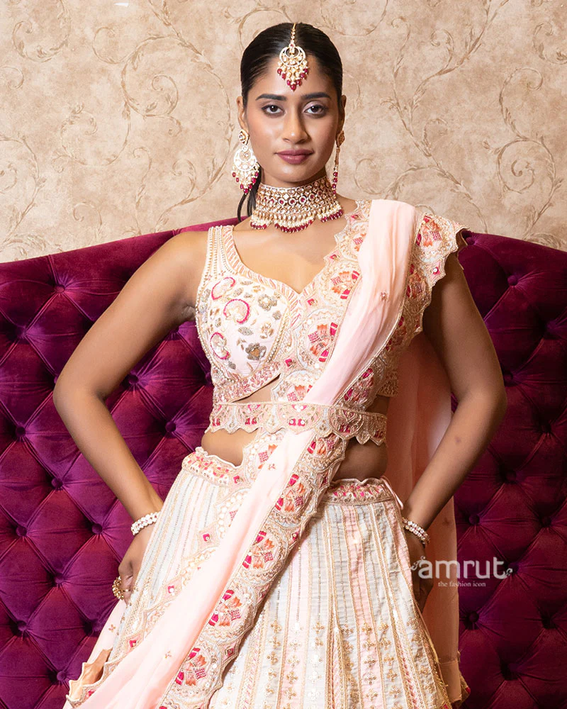 Ivory and Blush Pink Embroidered Patchwork Lehenga Set - Image 2