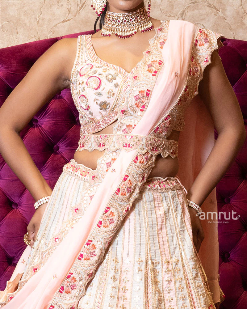 Ivory and Blush Pink Embroidered Patchwork Lehenga Set - Image 3