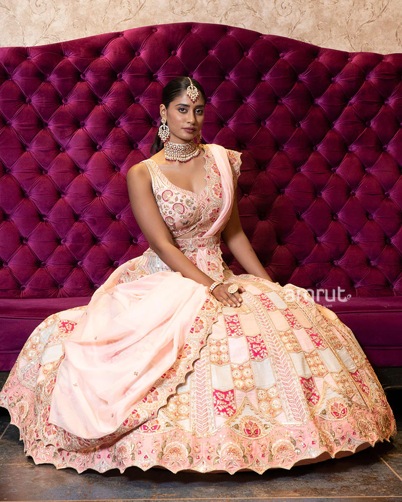 Ivory and Blush Pink Embroidered Patchwork Lehenga Set - Image 4