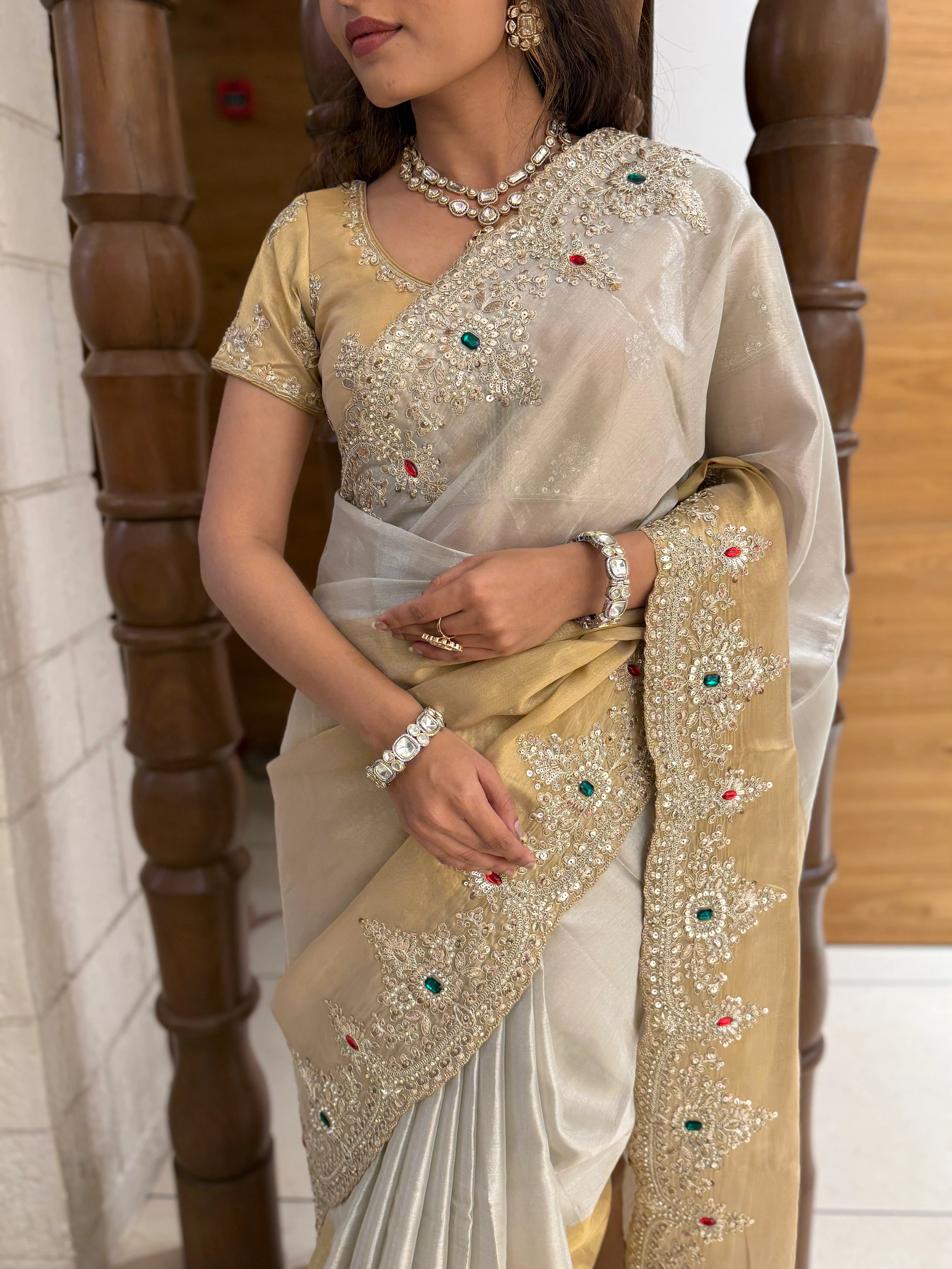 Ivory and Gold Embroidered Silk Saree with Matching Blouse - Image 2