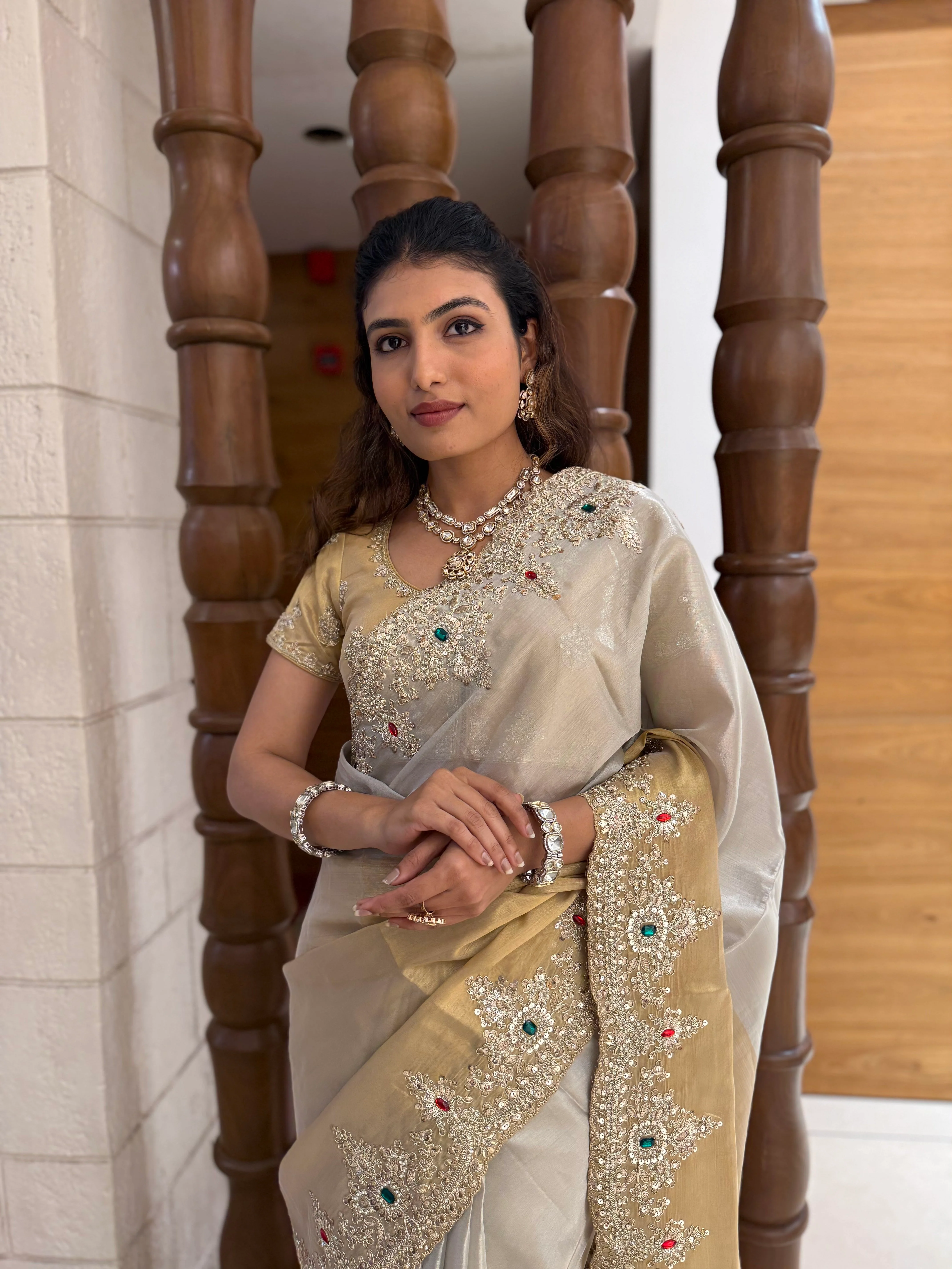 Ivory and Gold Embroidered Silk Saree with Matching Blouse - Image 3