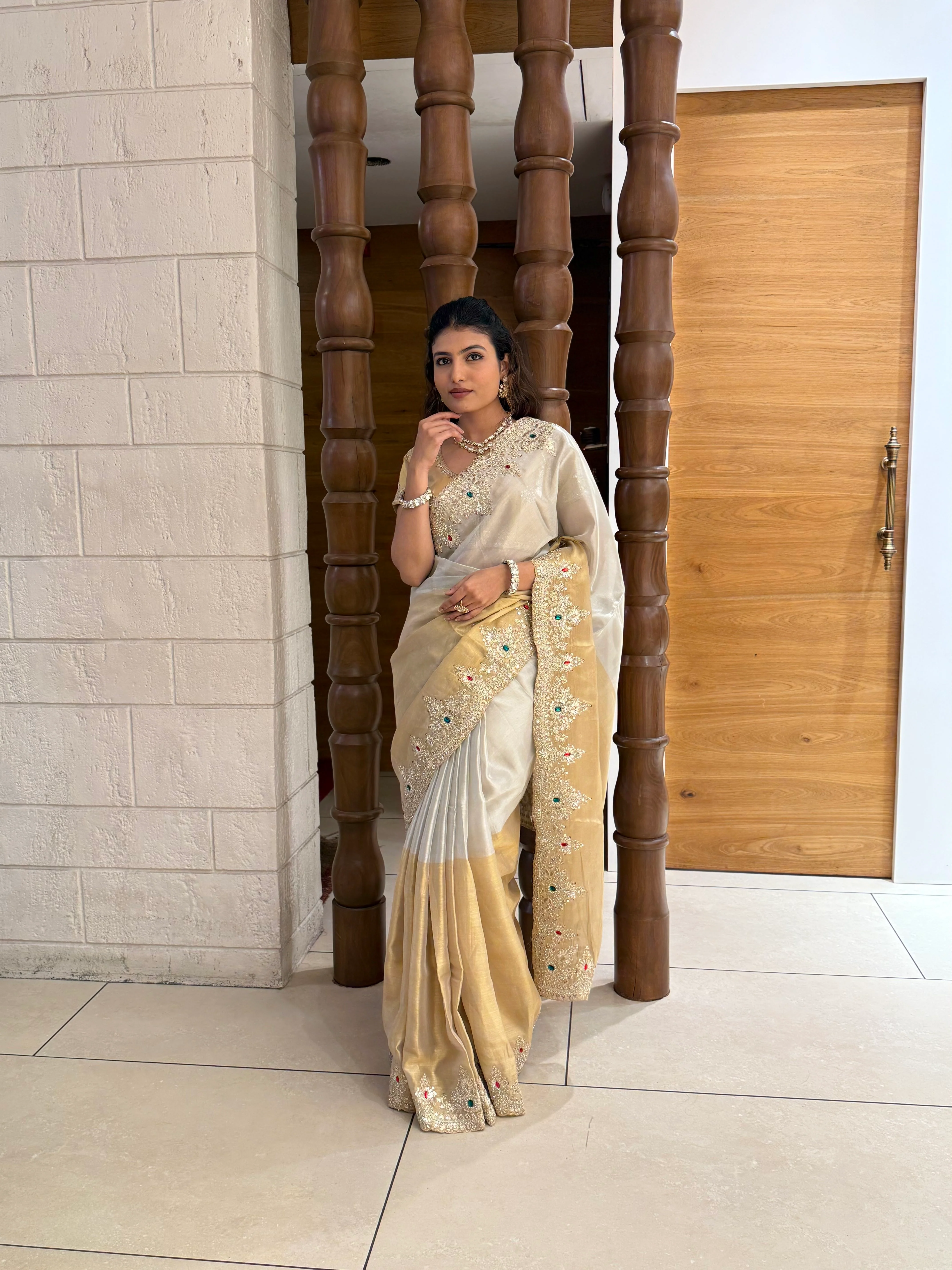 Ivory and Gold Embroidered Silk Saree with Matching Blouse - Image 4
