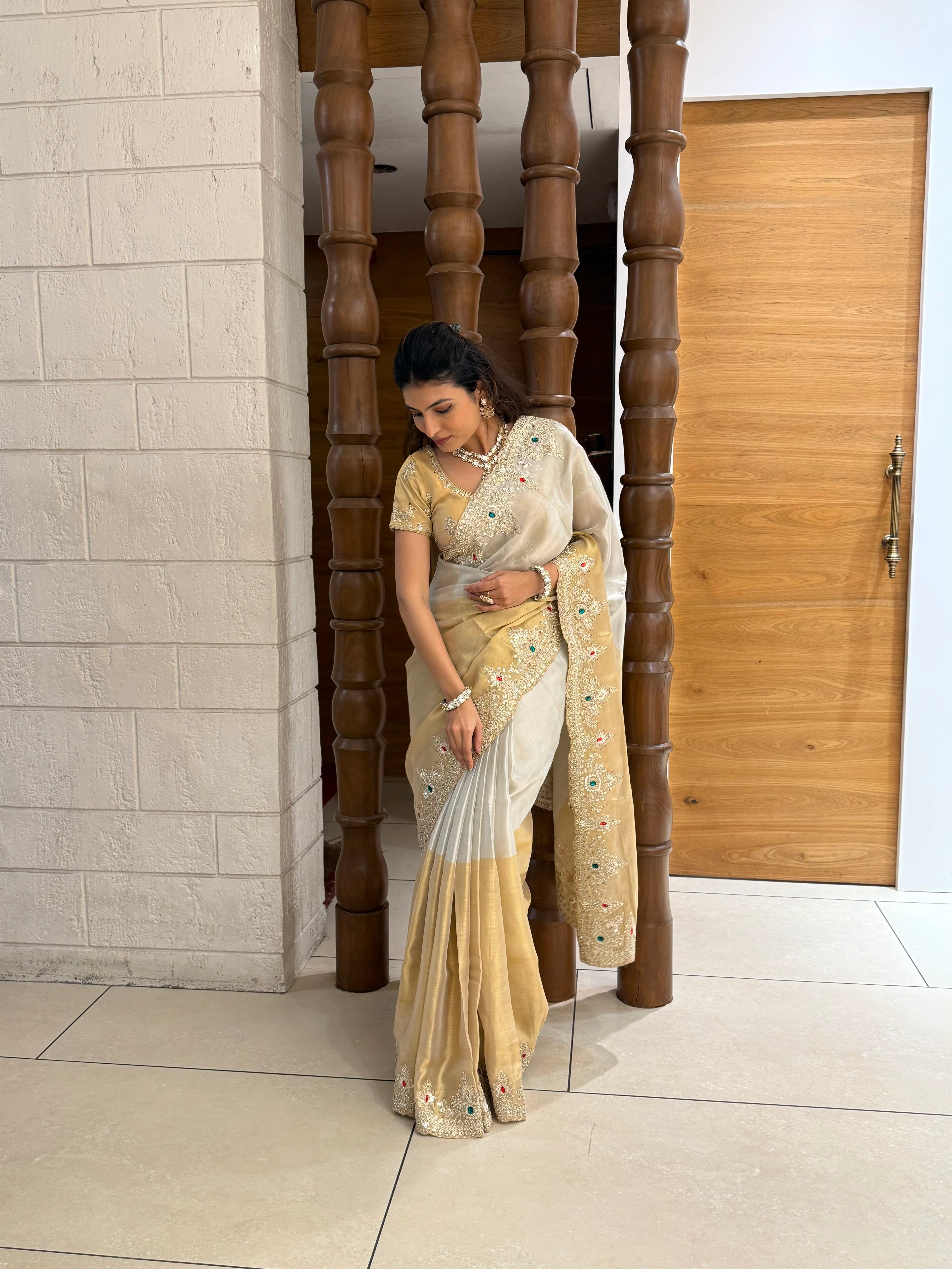 Ivory and Gold Embroidered Silk Saree with Matching Blouse - Image 5